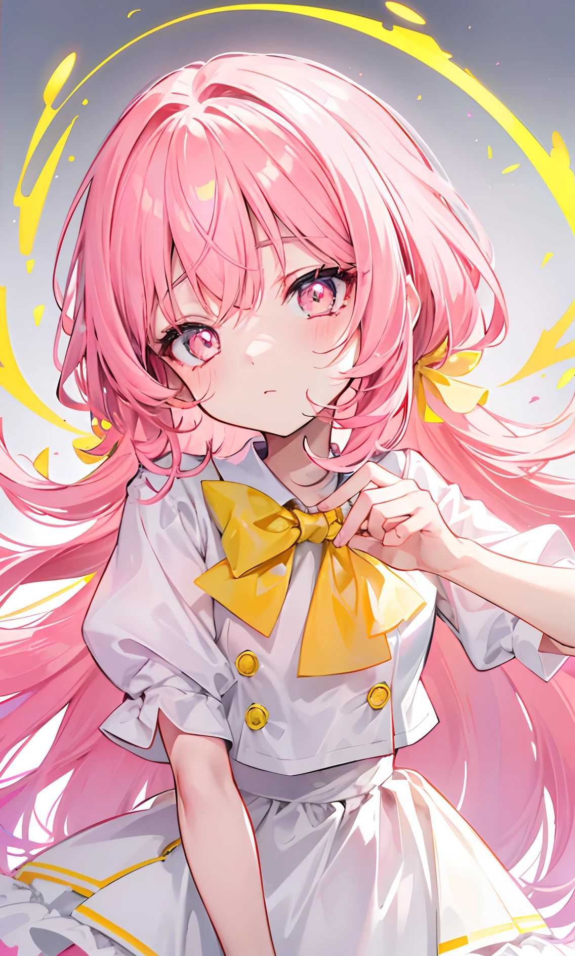 Glowing light pink yellow with hair and pupils,They are also fluorescent,A school uniform in a glowing pink, yellow and white color,Very tender and shiny face,It also fluoresces,The whole is shining,It's a sweet loli girl