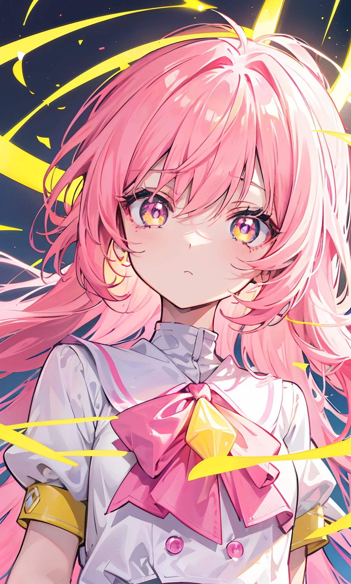 Glowing light pink yellow with hair and pupils,They are also fluorescent,A school uniform in a glowing pink, yellow and white color,Very tender and shiny face,It also fluoresces,The whole is shining,It's a sweet li girl