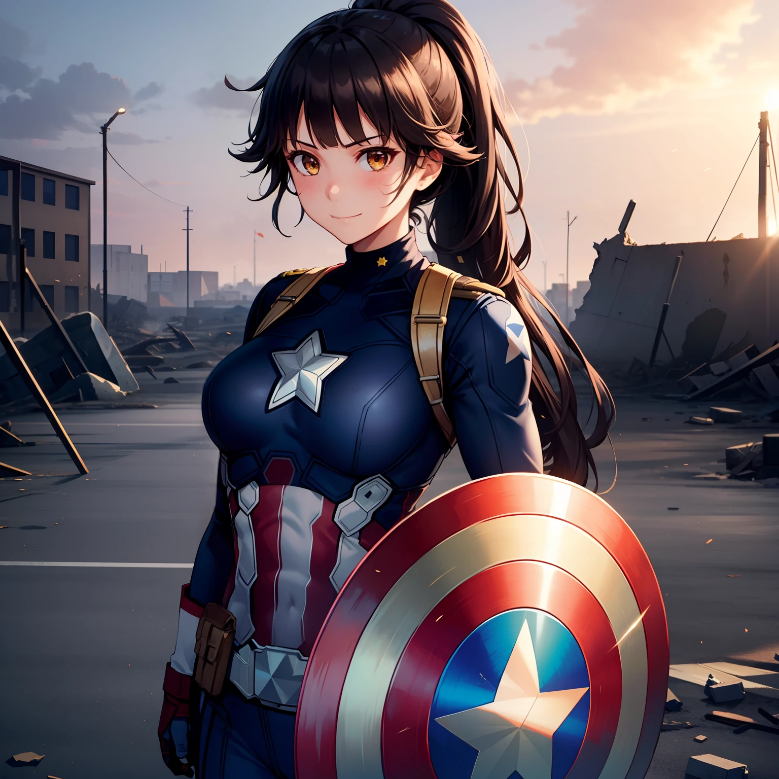 1girl,,big breasts,standing in ruined city,(8k),scratches,detailed face,black hair,brown eyes,very long hair,embarassed,small smile face,ponytail,hair, high_res, high_definition,the battlefield,battle pose,blue suit,star on chest, (Captain America Custome:1.1),