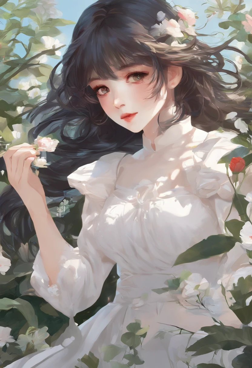 anime girl in a white dress holding a flower in a garden, beautiful anime artwork, beautiful anime art, guweiz on pixiv artstation, guweiz on artstation pixiv, beautiful anime, by Yang J, a beautiful artwork illustration, beautiful anime portrait, artwork in the style of guweiz, anime fantasy artwork, anime art wallpaper 4 k