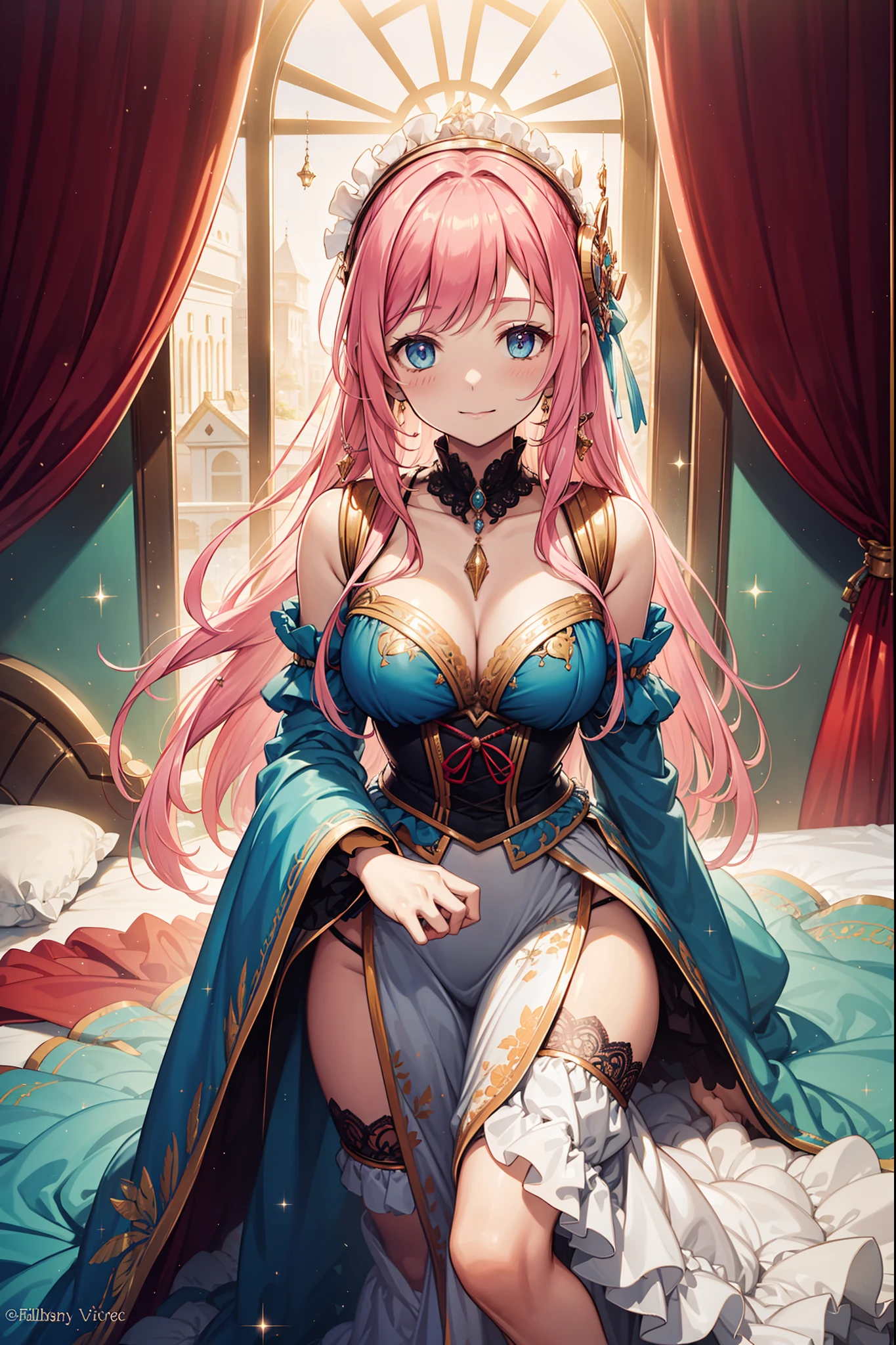 s girl,Enchanted,Divine happiness,Being in love,(Light Victorian dress),Pink hair,eBlue eyes,Maximalism,Multiple layers of delicate ruffles,Lots of lace,Multi-colored cloth,Delicate embroidery,Delicate pattern,Fabric headdress,exquisite costumes,see-through transparent clothes,Bedrooms,the night,glittery,(Dazzle:1.1),Movie lighting,the night,solo person,Fluttering skirt