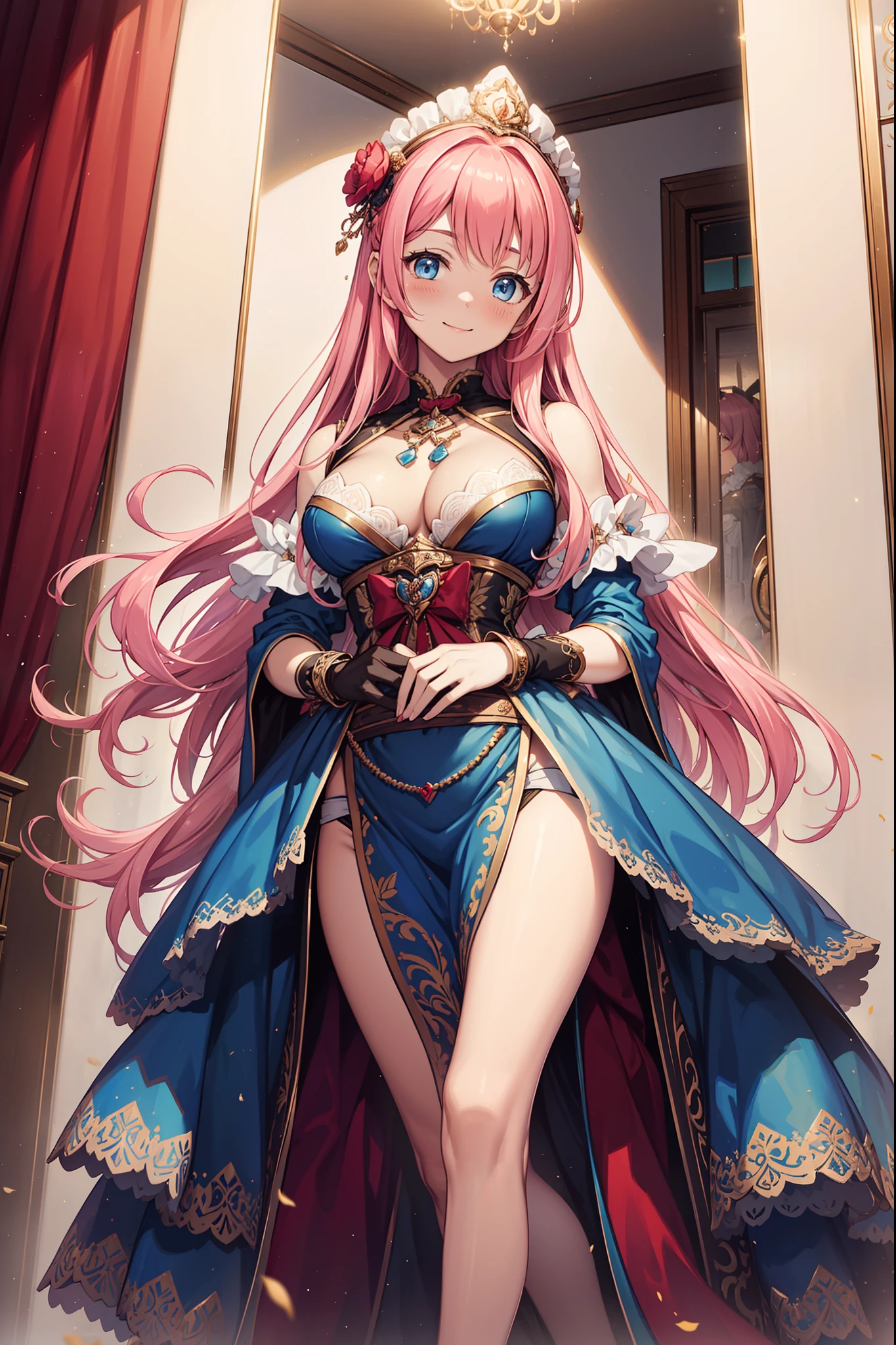 s girl,Enchanted,Divine happiness,Being in love,(Light Victorian dress),Pink hair,eBlue eyes,Maximalism,Multiple layers of delicate ruffles,Lots of lace,Multi-colored cloth,Delicate embroidery,Delicate pattern,Fabric headdress,exquisite costumes,see-through transparent clothes,Bedrooms,the night,glittery,(Dazzle:1.1),Movie lighting,the night,solo person,Fluttering skirt
