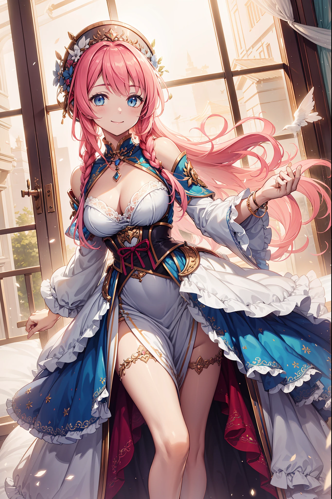 teens girl，Enchanted，Divine happiness，Being in love，(Light Victorian dress)，Pink hair，eBlue eyes，Maximalism，Multiple layers of delicate ruffles，Lots of lace，Multi-colored cloth，Delicate embroidery，Delicate pattern，Fabric headdress，exquisite costumes，see-through transparent clothes，Bedrooms，the night，glittery，(Dazzle:1.1)，Movie lighting，the night，solo person，Fluttering skirt