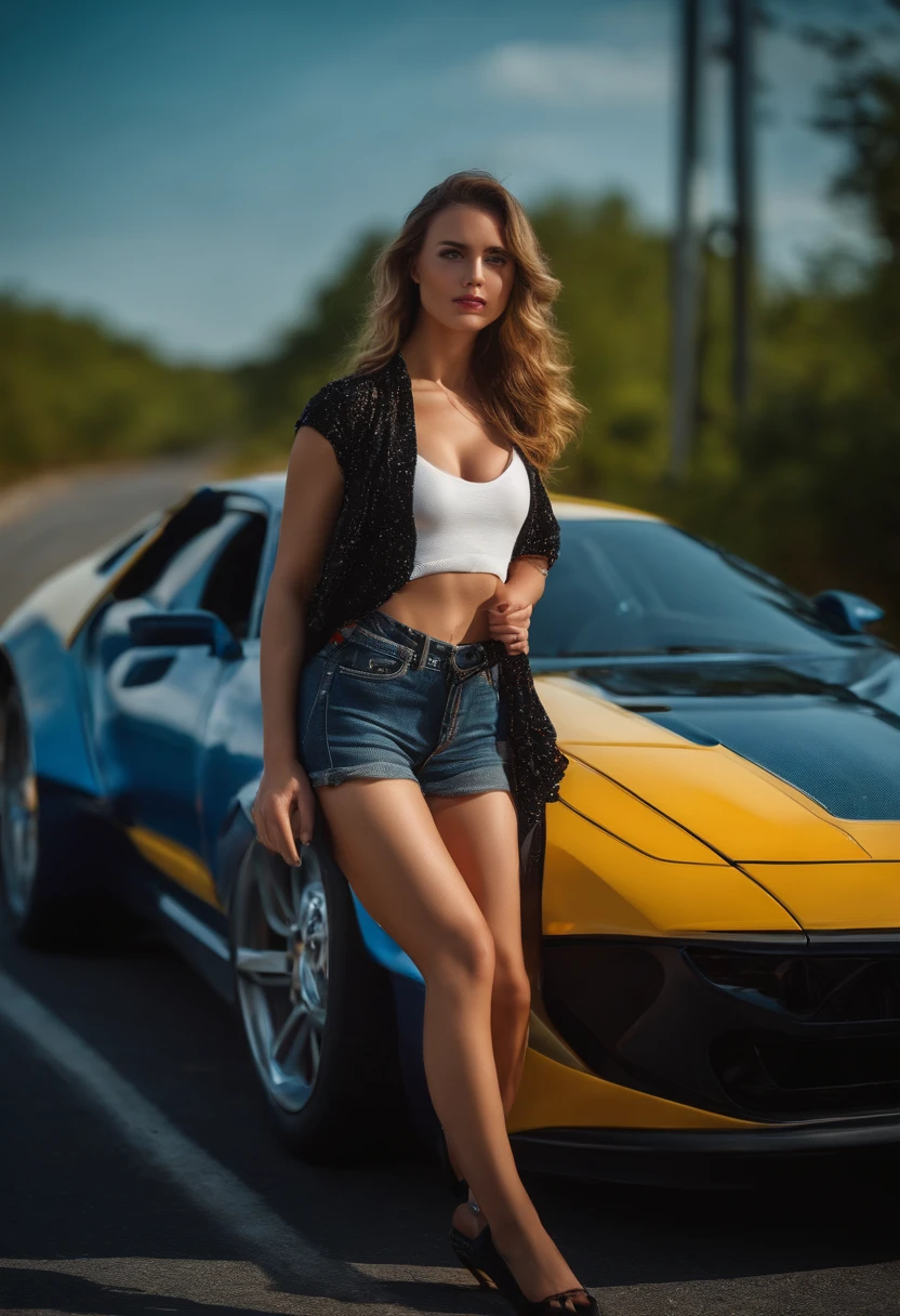best quality,ultra-detailed,professional,hitchhiking,portrait,realistic hotpants,standing beside the road,trying to stop a super car,looking in the camera,vivid colors,bokeh,sharp focus,studio lighting