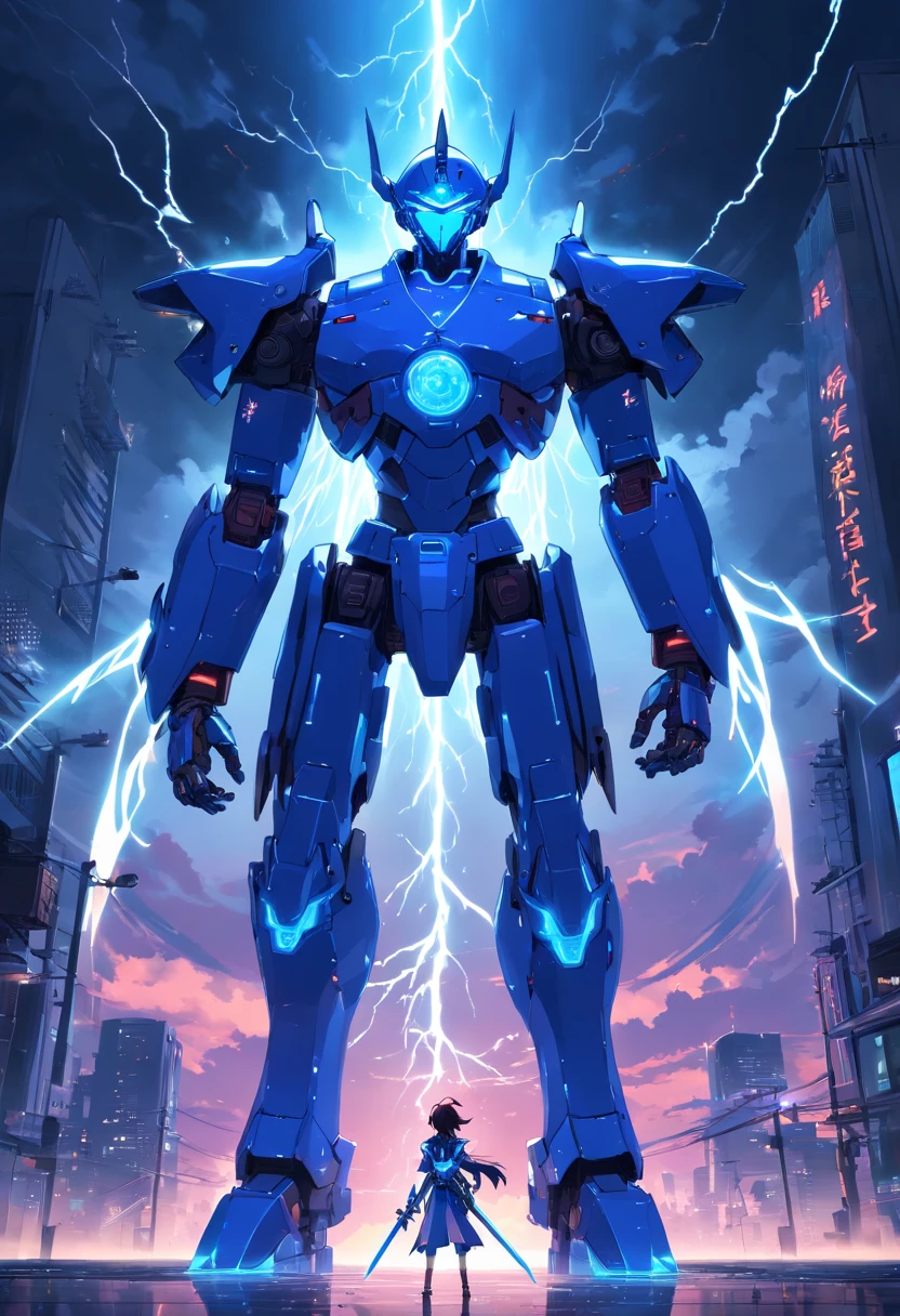 Blue Ghost Hunter, (Giant: 1.6), Super Cool Ghost Killer, Wearing blue mechanical armor, Surrounded by lightning, holding samurai sword, standing at front, super detailed, Realistic, shiny, Reflective, bio luminescent, Galaxy Control Mask, mechs, (The executioner was hanged:1.2), Cape, SH4G0D, GlowingRunes_Red, Full body, movie, Dark background, Backlight, High contrast, cosmic space、Robots only