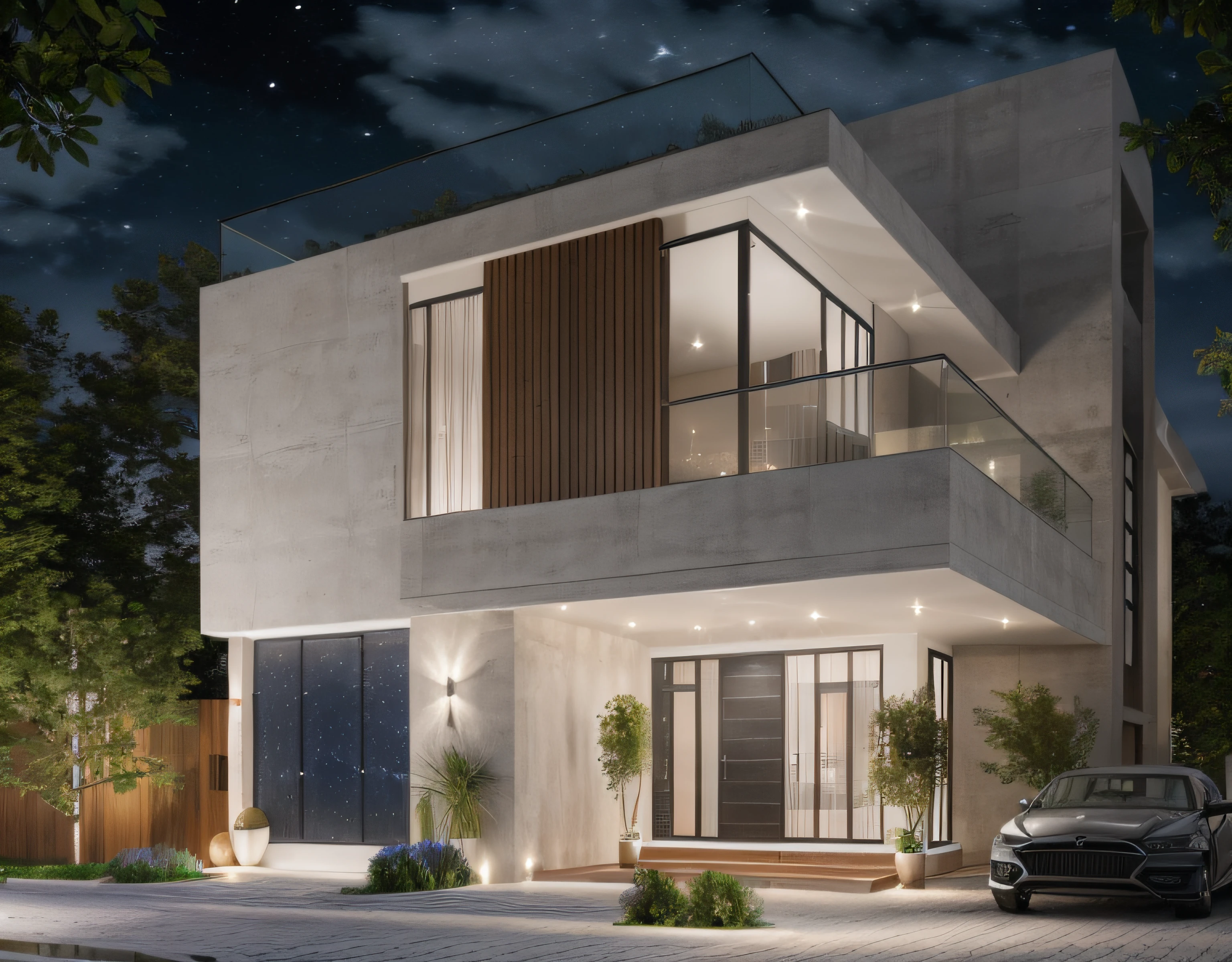 1 morden house, main material by white wall and wood, large yard, 1 road runs in front of the house, (RAW photo, real, best quality, masterpiece:1.2), look morden minimalist, 1 road in front of the house, shime ring light, light brighteness from indoor:1.2, dynamic lighting:1.3, (hyper realistic, photo-realistic:1.2), high quality, (dark lighting:1.2), perfect lighting, archdaily, ((NIGHT SKY:1.2)), ((Terrace glass railing))