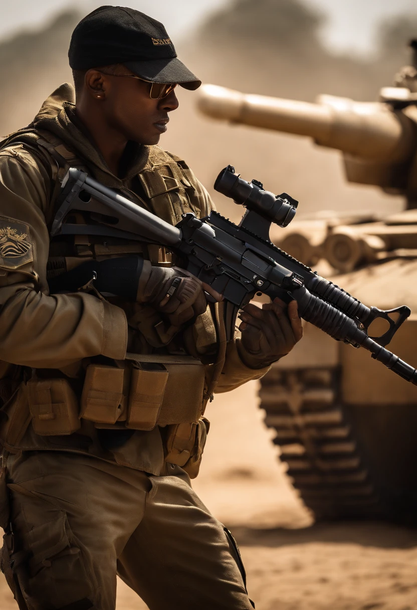 Gere uma imagem da personagem Mara, also known as 'Mara Death Dealer', do jogo Call of Duty: Guerra moderna: corpo inteiro, fisionomia cruel, ((Novo)) brincos grande, colar pulseira, rings, gold watch, na praia, sol poente, palmeiras, corpo escultural, flowing hair, ((metralhadoras, armas, Fuzil AK-47, Granadas, gold accessories)) standing on a ((tanque de guerra Russo T-14 Armata))
sem roupa
