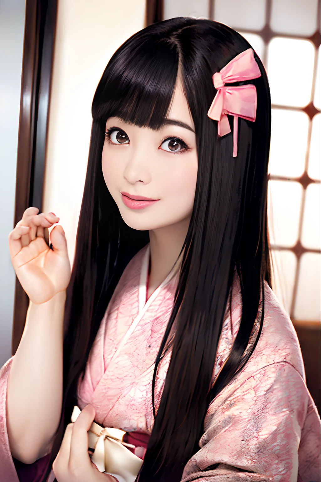 ​masterpiece、(Photorealsitic:1.5)、realisticeyes、Asian Women、top-quality、beautiful  lighting、profetional lighting、photon maping、Radio City、physically-based renderingt、
Kamado Nezuko, 1girl in, A dark-haired, brow, Hair ribbon, komono, kimono, length hair, O cabelo multicolorido, open open mouth, Pink eyes, Pink kimono, Pink ribbon, bow ribbon, a smile, Very long hair, Skysky, ((Kana Hashimoto)),
(RAW Photography、8kUHD、film grains)