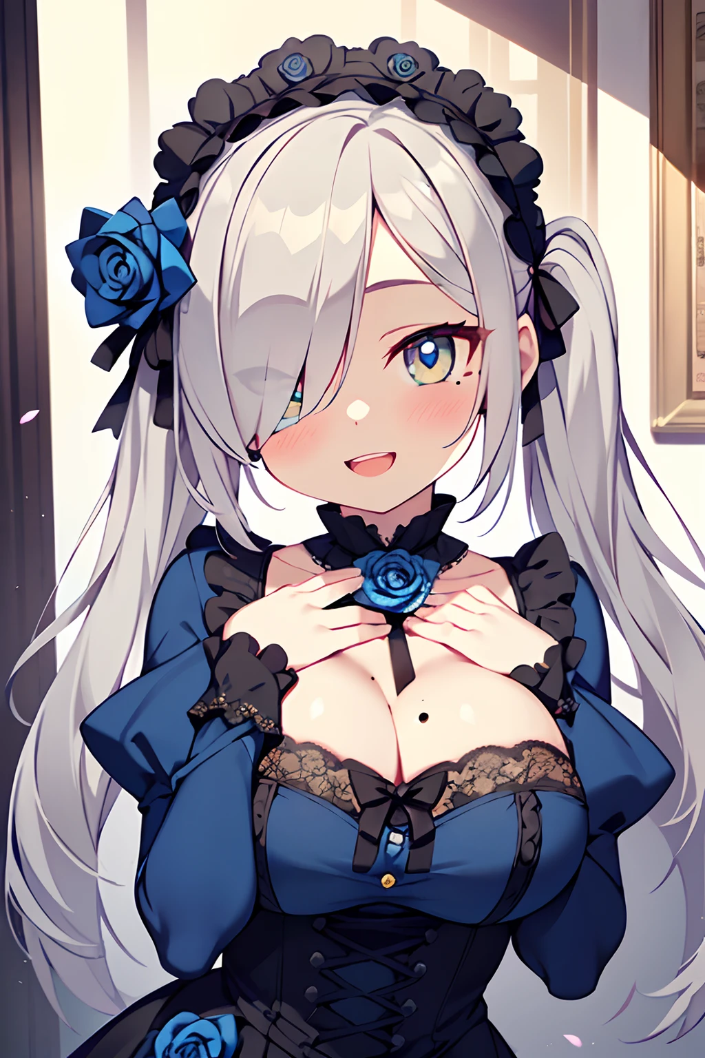 Highly detailed and realistic CG, Colorful, Masterpiece, game cg, Best Quality, magnificent, perfect face, perfect anatomy, intricate, jewel-like eyes, 1girl, solo, gray hair, long hair, twintails, (hair over one eye:1.3), lolita fashion, gothic dress, frill, long sleeves, (Blue rose headdress:1.2), blue clothes, huge breasts, sagging breasts, (mole on chest:1.1), jewel, crazy smile, evil smile, (blush:1.1), open mouth, , round face, powder lights, portrait, (amber eyes:1.3), hand on hair, from front, looking at viewer,