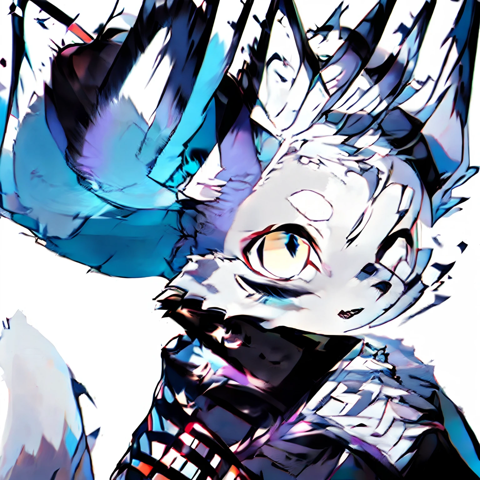 Arctic Fox Furry Anthro, Purple hair in pony tail, Gray eyes, Goth with blue accents, Slim but masculine, , Non-Human