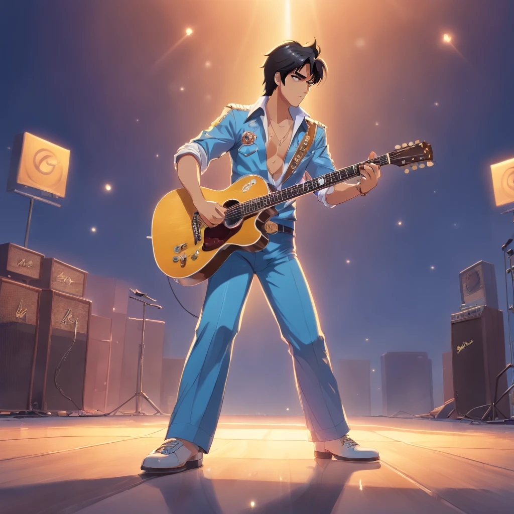 elvis presley holding a guitar in full body shot