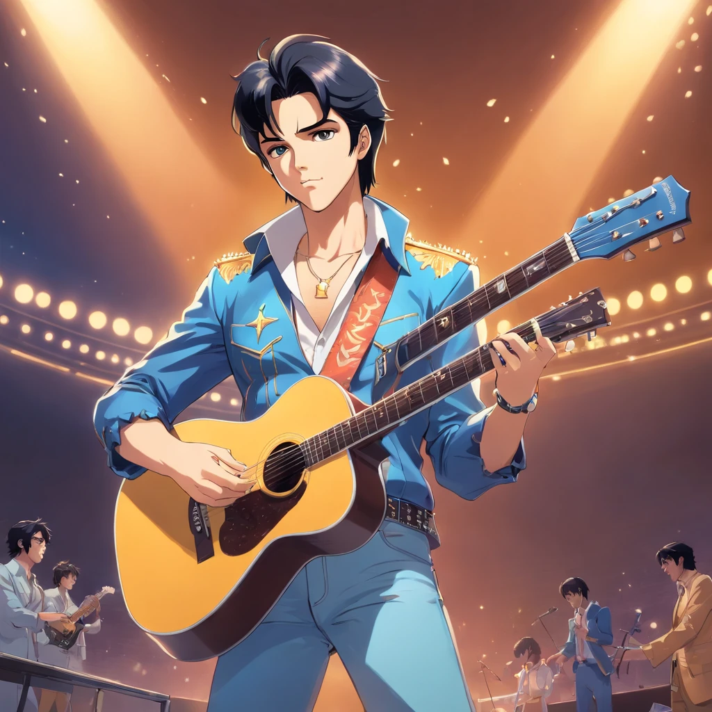 elvis presley holding a guitar in full body shot