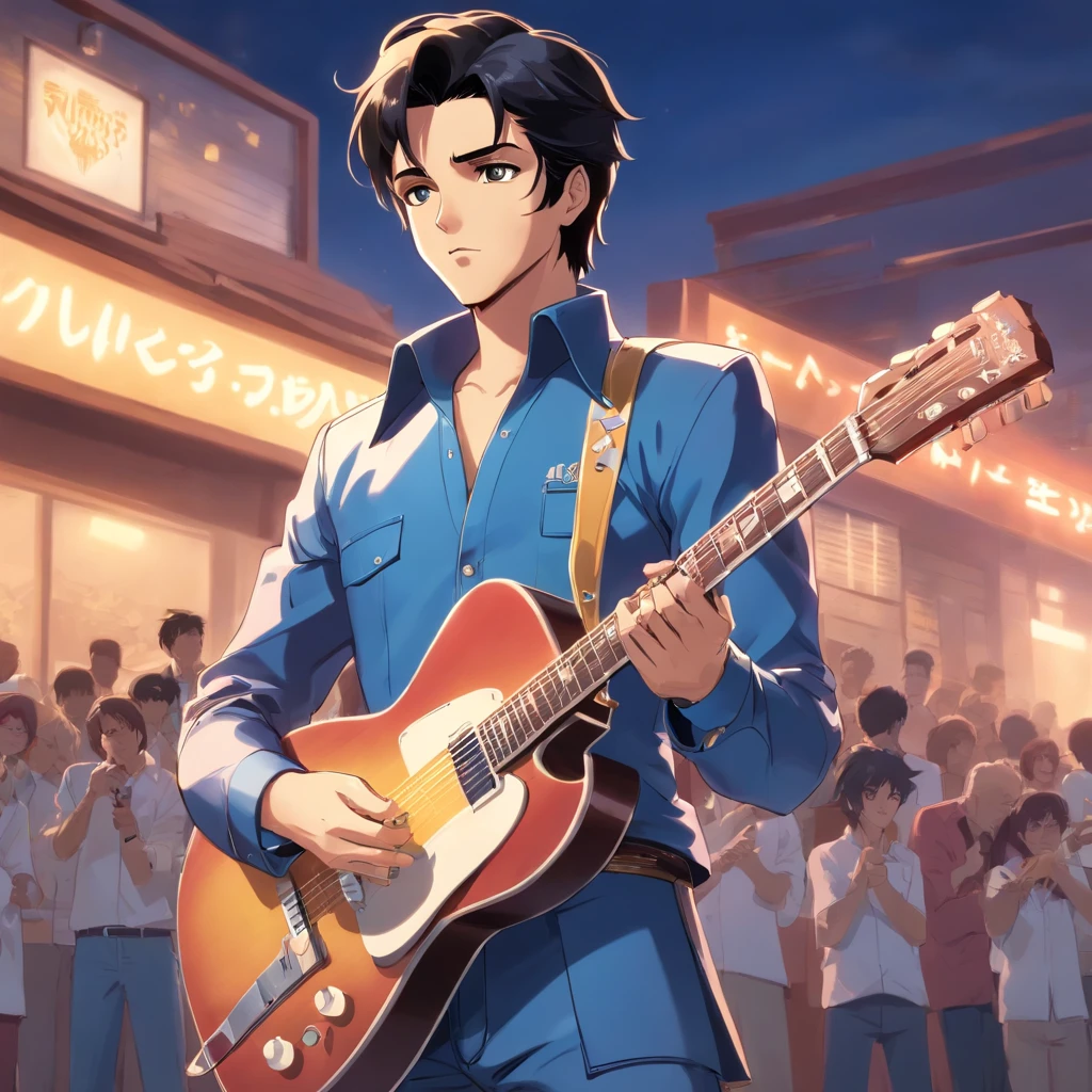 elvis presley holding a guitar in full body shot
