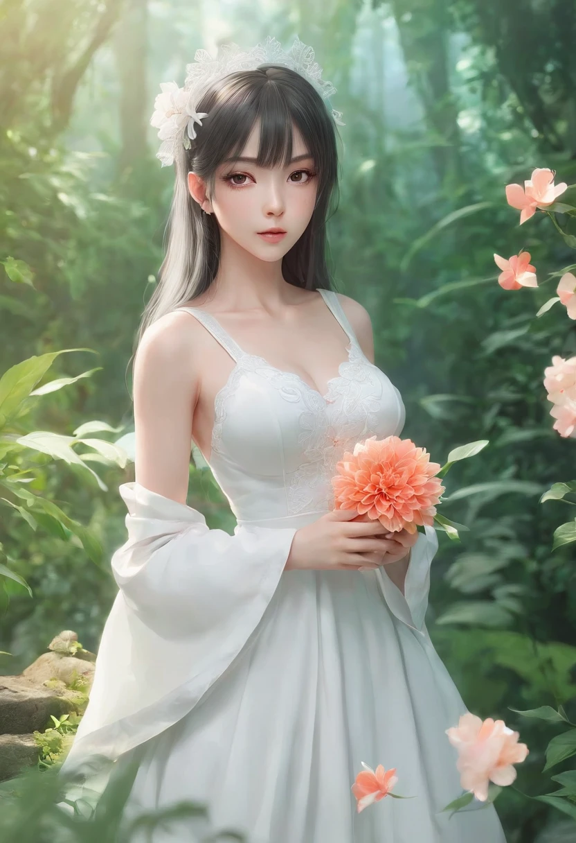 anime girl in a white dress holding a flower in a garden, beautiful anime artwork, beautiful anime art, guweiz on pixiv artstation, guweiz on artstation pixiv, beautiful anime, by Yang J, a beautiful artwork illustration, beautiful anime portrait, artwork in the style of guweiz, anime fantasy artwork, anime art wallpaper 4 k