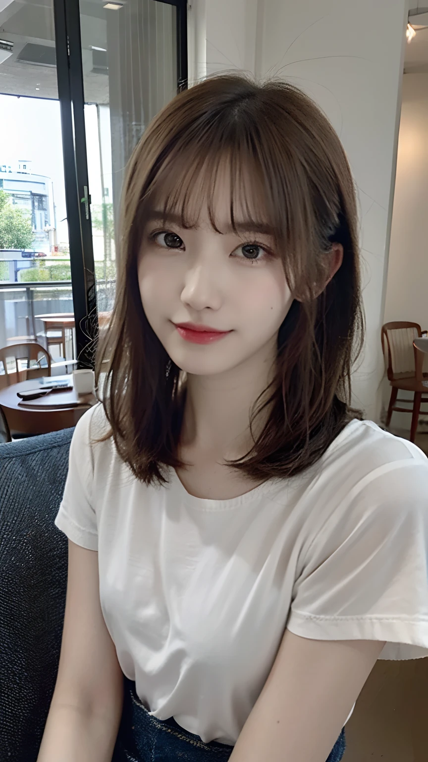 (masterpiece:1.3), (8K, Photorealsitic, Raw photography, Top image quality: 1.4), Japan high school girls、(Random hairstyles:1.2)、(small tits:1.3)、Super Detail Face、Eye of Detail、二重まぶた、foco nítido:1.2、prety woman:1.4、light brown hair、top-quality、masterpiece、超A high resolution、(Photorealsitic:1.4)、very detailed and professional lighting、slender、(The gaze is looking out the window)、(Drink coffee at a fashionable café)、white t-shirts、Wearing a denim miniskirt、