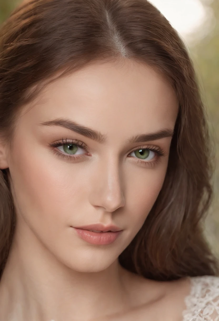 (photorealistic:1.37), woman with beautiful, long brown hair, stunning green eyes, and a slim physique, (realistic:1.37) detailed facial features including defined eyebrows, elegant eyelashes, and perfectly contoured lips. she is a 21-year-old girl with a youthful and radiant complexion. The image should be full size and ultra-detailed, showcasing every strand of her hair and each subtle expression on her face. The lighting should be natural, with soft, diffused light illuminating her features. The colors should be vibrant and true to life, enhancing the realism of the image. The overall image quality must be of the highest standard, with a resolution of 4k or above, capturing every intricate detail and creating a masterpiece.