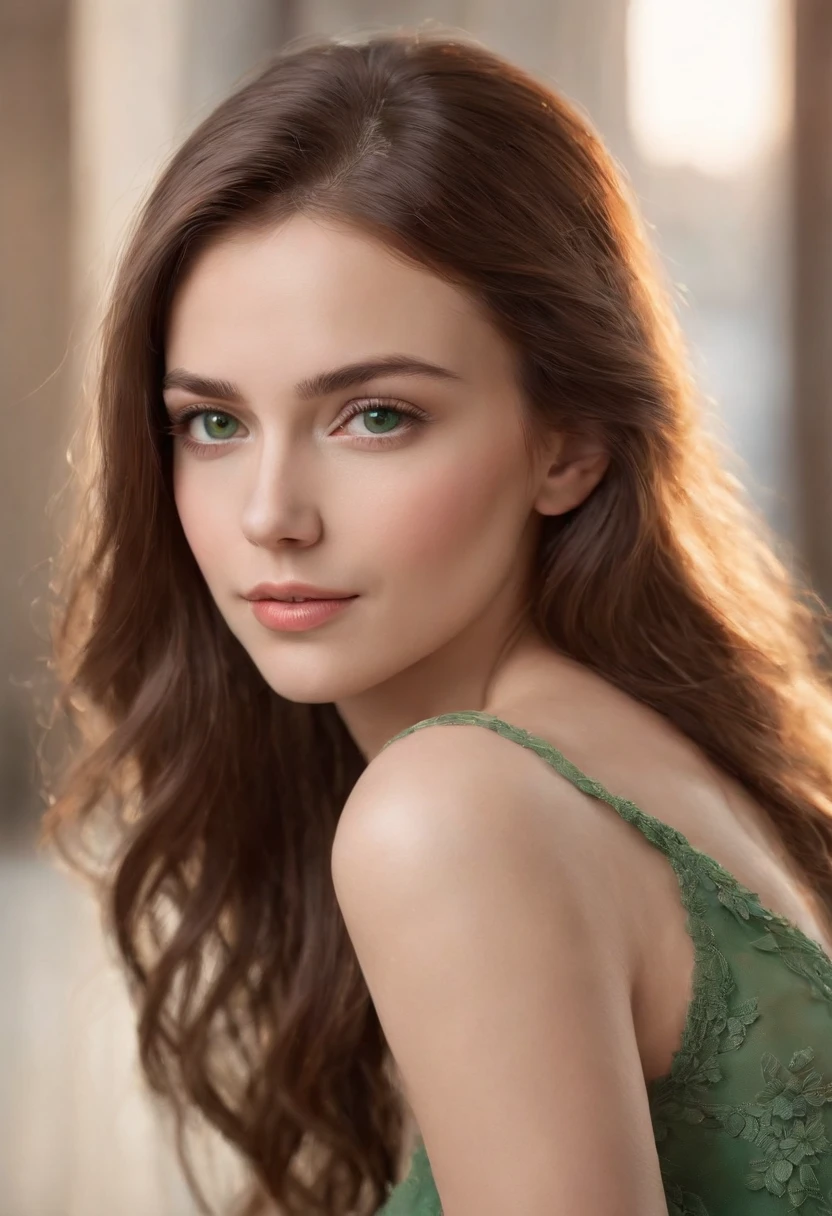 (photorealistic:1.37), woman with beautiful, long brown hair, stunning green eyes, and a slim physique, (realistic:1.37) detailed facial features including defined eyebrows, elegant eyelashes, and perfectly contoured lips. she is a 21-year-old girl with a youthful and radiant complexion. The image should be full size and ultra-detailed, showcasing every strand of her hair and each subtle expression on her face. The lighting should be natural, with soft, diffused light illuminating her features. The colors should be vibrant and true to life, enhancing the realism of the image. The overall image quality must be of the highest standard, with a resolution of 4k or above, capturing every intricate detail and creating a masterpiece.