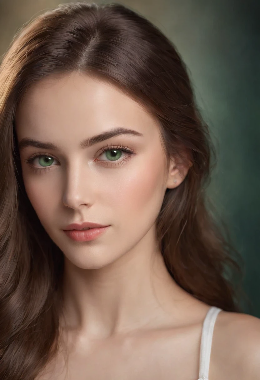 (photorealistic:1.37), woman with beautiful, long brown hair, stunning green eyes, and a slim physique, (realistic:1.37) detailed facial features including defined eyebrows, elegant eyelashes, and perfectly contoured lips. she is a 21-year-old girl with a youthful and radiant complexion. The image should be full size and ultra-detailed, showcasing every strand of her hair and each subtle expression on her face. The lighting should be natural, with soft, diffused light illuminating her features. The colors should be vibrant and true to life, enhancing the realism of the image. The overall image quality must be of the highest standard, with a resolution of 4k or above, capturing every intricate detail and creating a masterpiece.