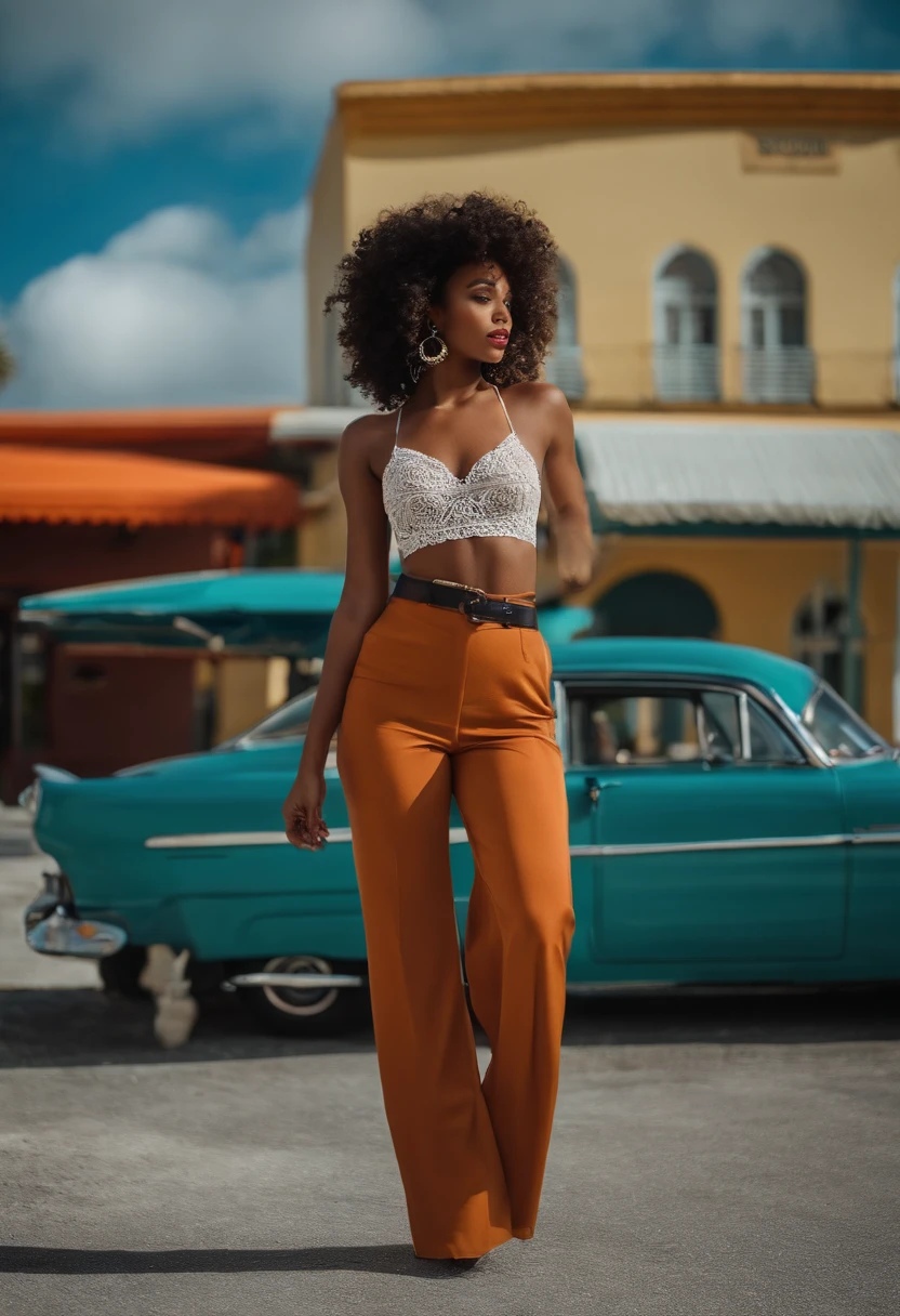 (Masterpiece, Best quality),A black female model, beautiful woman, Detailed top with sleeveless turtleneck, pantalon, mineur, curly hair, visage parfait, beau visage, Attirant, De grands yeux magnifiques, ouvrir bouche, contenu, Corps slim fit parfait, (outdoor), Rues de la ville, miami, couleurs vives