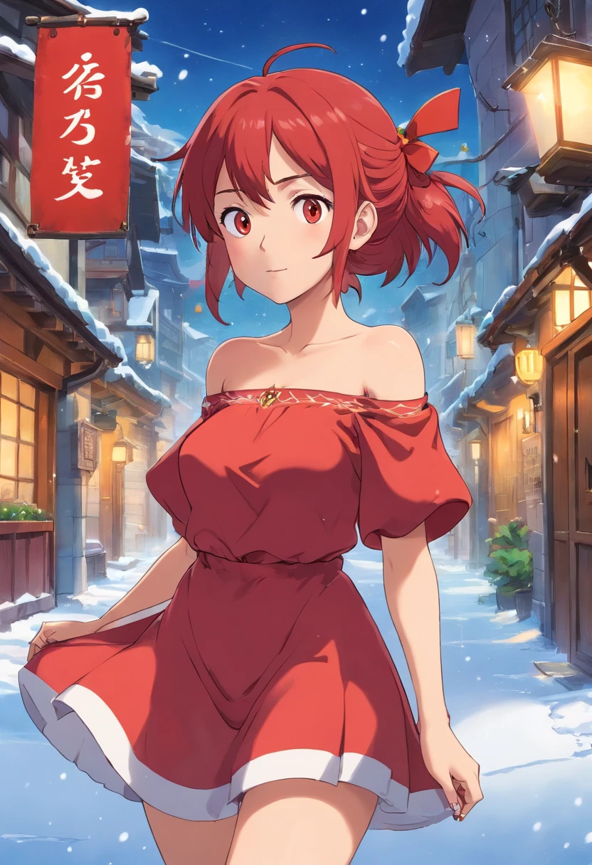 one-girl,Red clothes,Off-the-shoulder attire,Red hair,Huge breasts,cleavage,,fire and ice,In the snow,火焰,magma,the street,neonlight,Open navel