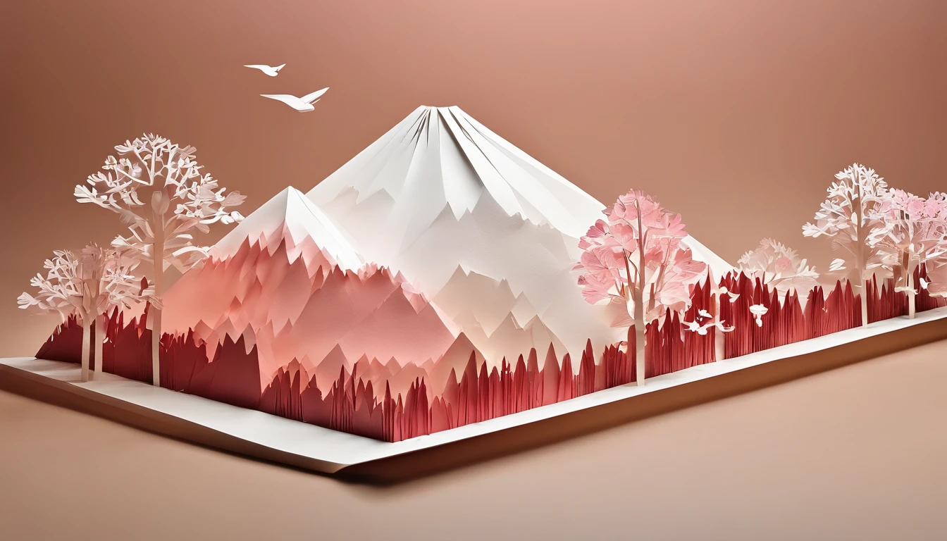 intricate details, highest quality, paper-cut craft, mountains, rivers with waterfall, cherry blossoms, simple,