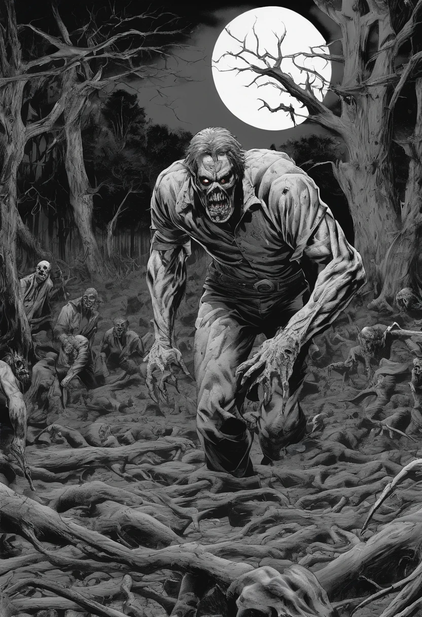 DC character Swamp Thing is in battle with a horde of Zombies. broken zombie parts flying. horror comic. night forest