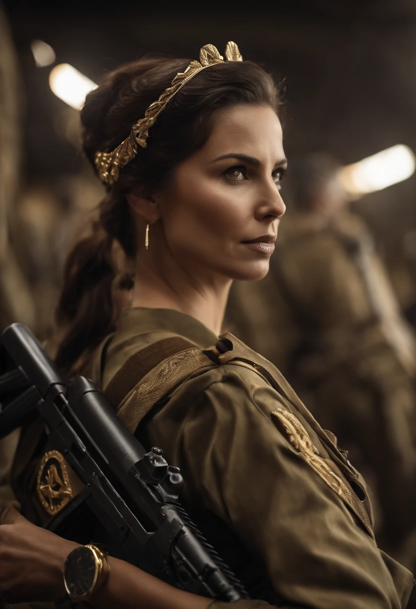 Gere uma imagem da personagem Mara, also known as 'Mara Death Dealer', do jogo Call of Duty: Guerra moderna: corpo inteiro, fisionomia cruel, ((Novo)) brincos grande, colar pulseira, rings, gold watch, na praia, sol poente, palmeiras, corpo escultural, flowing hair, ((metralhadoras, armas, Fuzil AK-47, Granadas, gold accessories)) standing on a ((tanque de guerra Russo T-14 Armata))
sem roupa