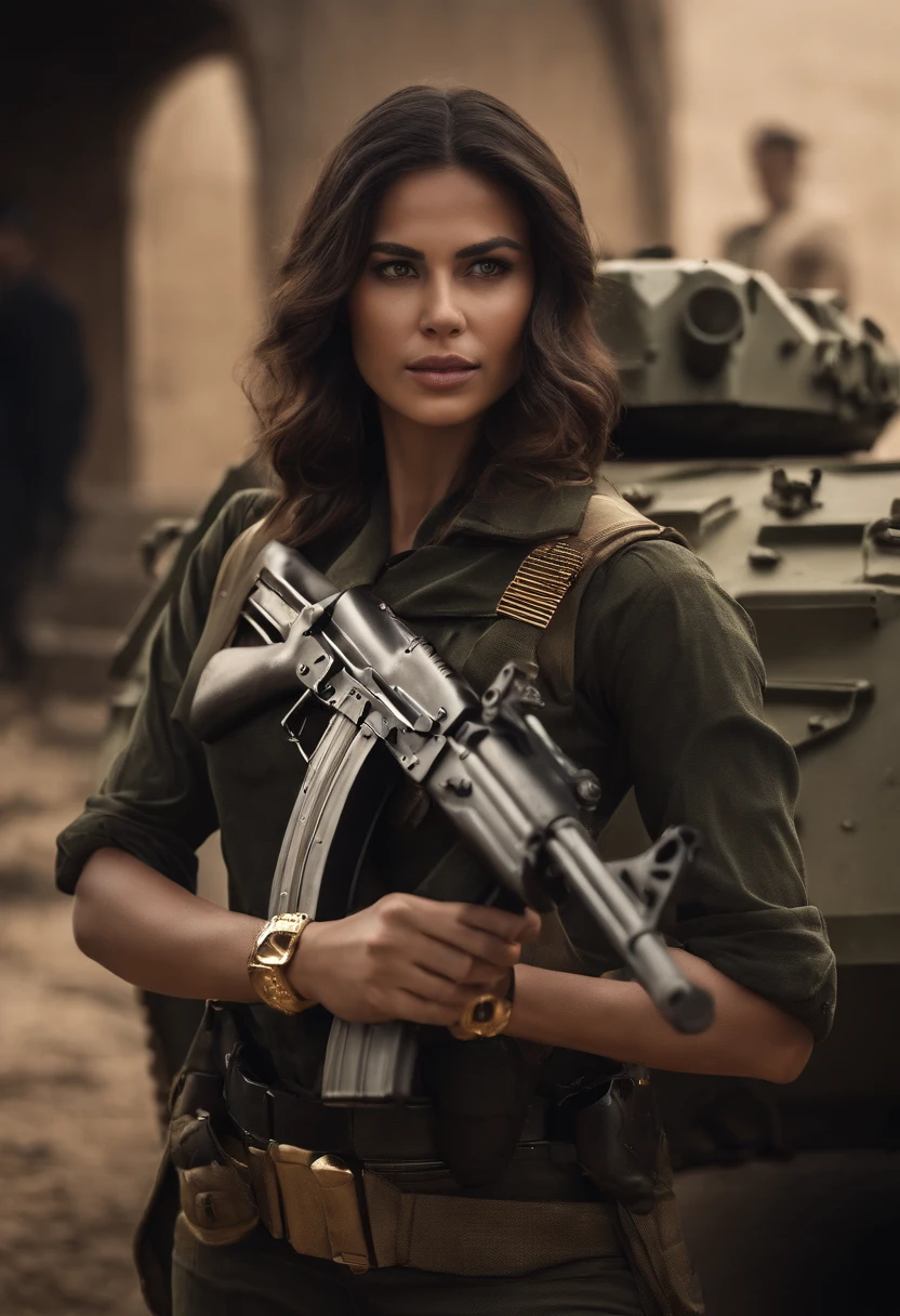 Gere uma imagem da personagem Mara, also known as 'Mara Death Dealer', do jogo Call of Duty: Guerra moderna: corpo inteiro, fisionomia cruel, ((Novo)) brincos grande, colar pulseira, rings, gold watch, na praia, sol poente, palmeiras, corpo escultural, flowing hair, ((metralhadoras, armas, Fuzil AK-47, Granadas, gold accessories)) standing on a ((tanque de guerra Russo T-14 Armata))
sem roupa