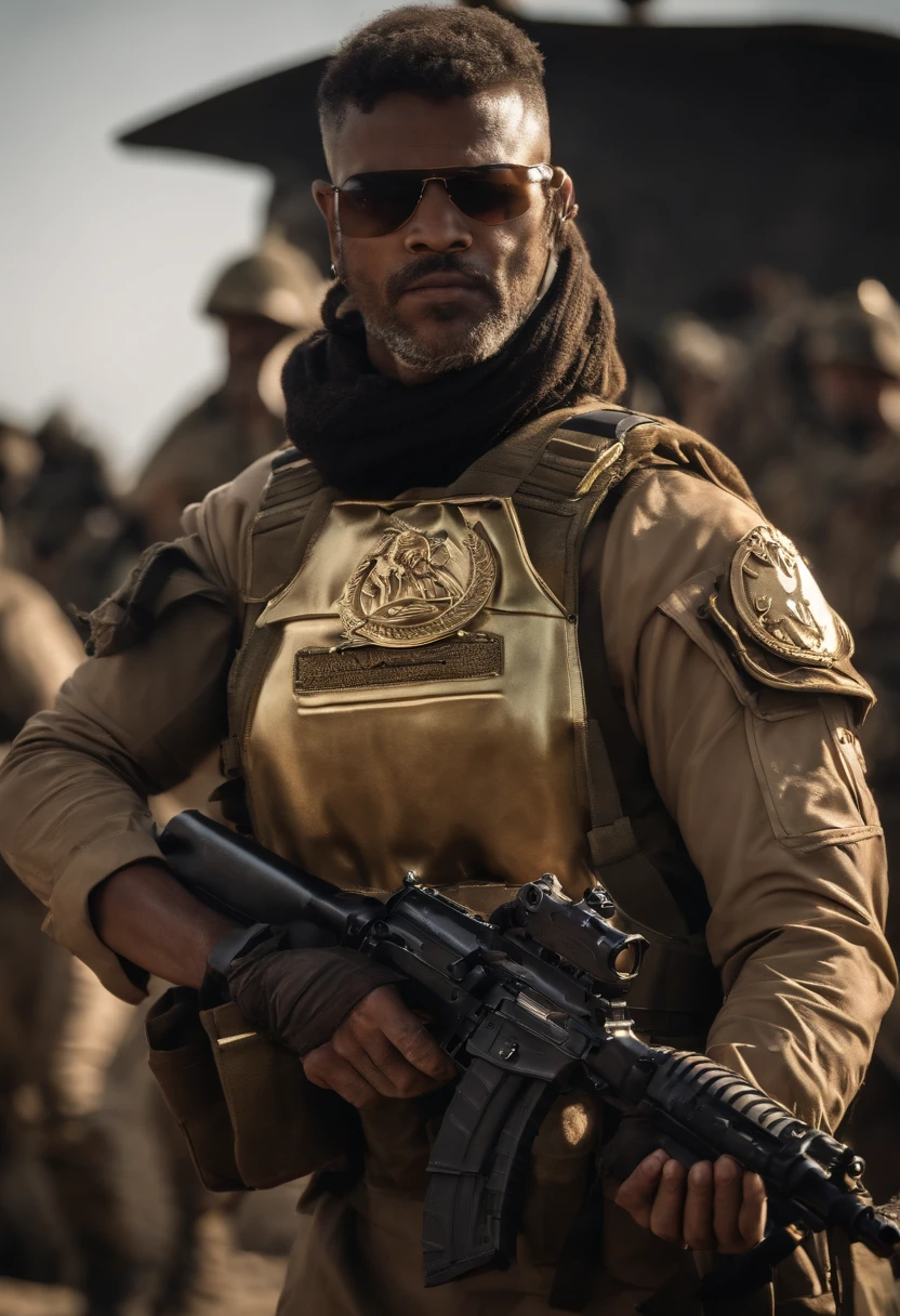 Gere uma imagem da personagem Mara, also known as 'Mara Death Dealer', do jogo Call of Duty: Guerra moderna: corpo inteiro, fisionomia cruel, ((Novo)) brincos grande, colar pulseira, rings, gold watch, na praia, sol poente, palmeiras, corpo escultural, flowing hair, ((metralhadoras, armas, Fuzil AK-47, Granadas, gold accessories)) standing on a ((tanque de guerra Russo T-14 Armata))
sem roupa