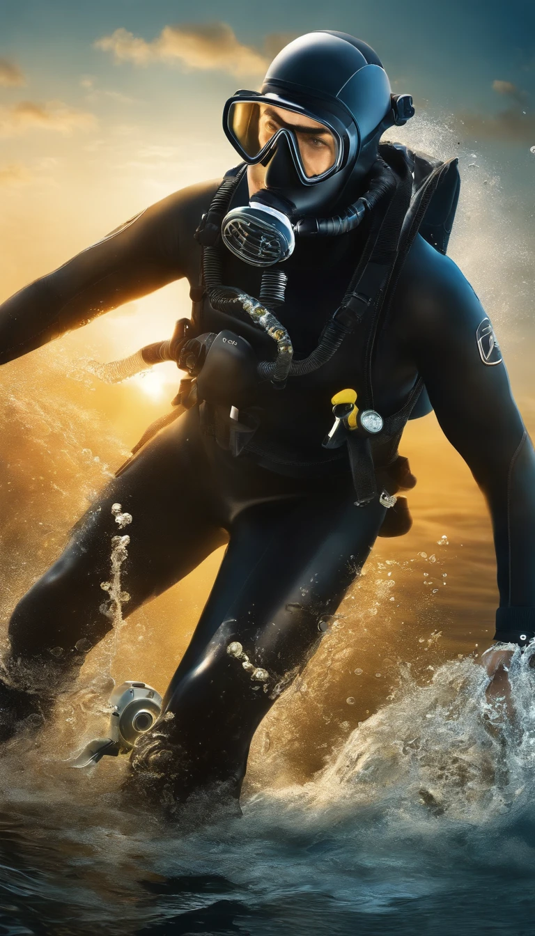 (best quality,ultra-detailed),(realistic:1.37) full body, male scuba diver with short black hair turning left in the open water wearing a diving mask and regulator in his mouth. He holds a knife in his right hand while his face is partially looking to the right. The surroundings are devoid of fish. The artwork is depicted with vivid colors to capture the realistic underwater atmosphere. The lighting effects bring out the fine details of the diver's equipment and the natural refractions of light in the water.