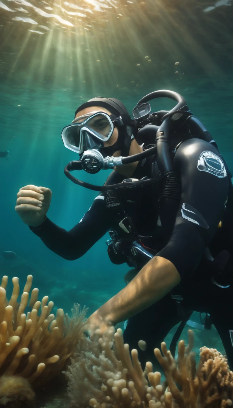 (best quality,ultra-detailed),(realistic:1.37) full body, male scuba diver with short black hair turning left in the open water wearing a diving mask and regulator in his mouth. He holds a knife in his right hand while his face is partially looking to the right. The surroundings are devoid of fish. The artwork is depicted with vivid colors to capture the realistic underwater atmosphere. The lighting effects bring out the fine details of the diver's equipment and the natural refractions of light in the water.