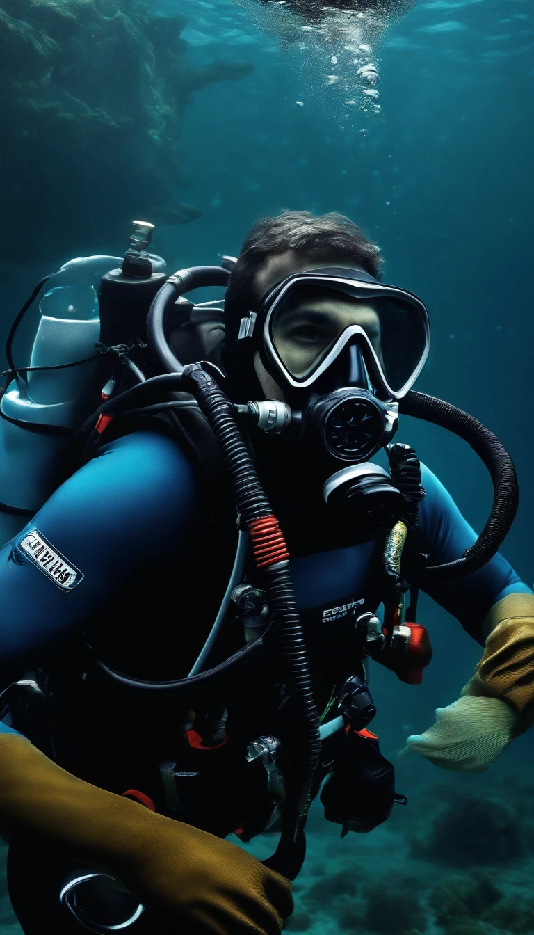 (best quality,ultra-detailed),(realistic:1.37) full body, male scuba diver with short black hair turning left in the open water wearing a diving mask and regulator in his mouth. He holds a knife in his right hand while his face is partially looking to the right. The surroundings are devoid of fish. The artwork is depicted with vivid colors to capture the realistic underwater atmosphere. The lighting effects bring out the fine details of the diver's equipment and the natural refractions of light in the water.