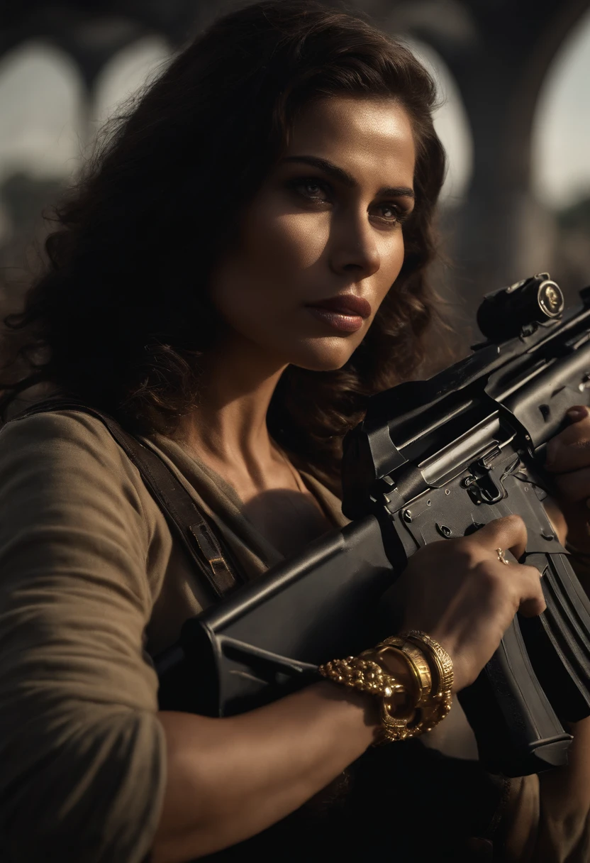 Gere uma imagem da personagem Mara, also known as 'Mara Death Dealer', do jogo Call of Duty: Guerra moderna: corpo inteiro, fisionomia cruel, ((Novo)) brincos grande, colar pulseira, rings, gold watch, na praia, sol poente, palmeiras, corpo escultural, flowing hair, ((metralhadoras, armas, Fuzil AK-47, Granadas, gold accessories)) standing on a ((tanque de guerra Russo T-14 Armata))
sem roupa