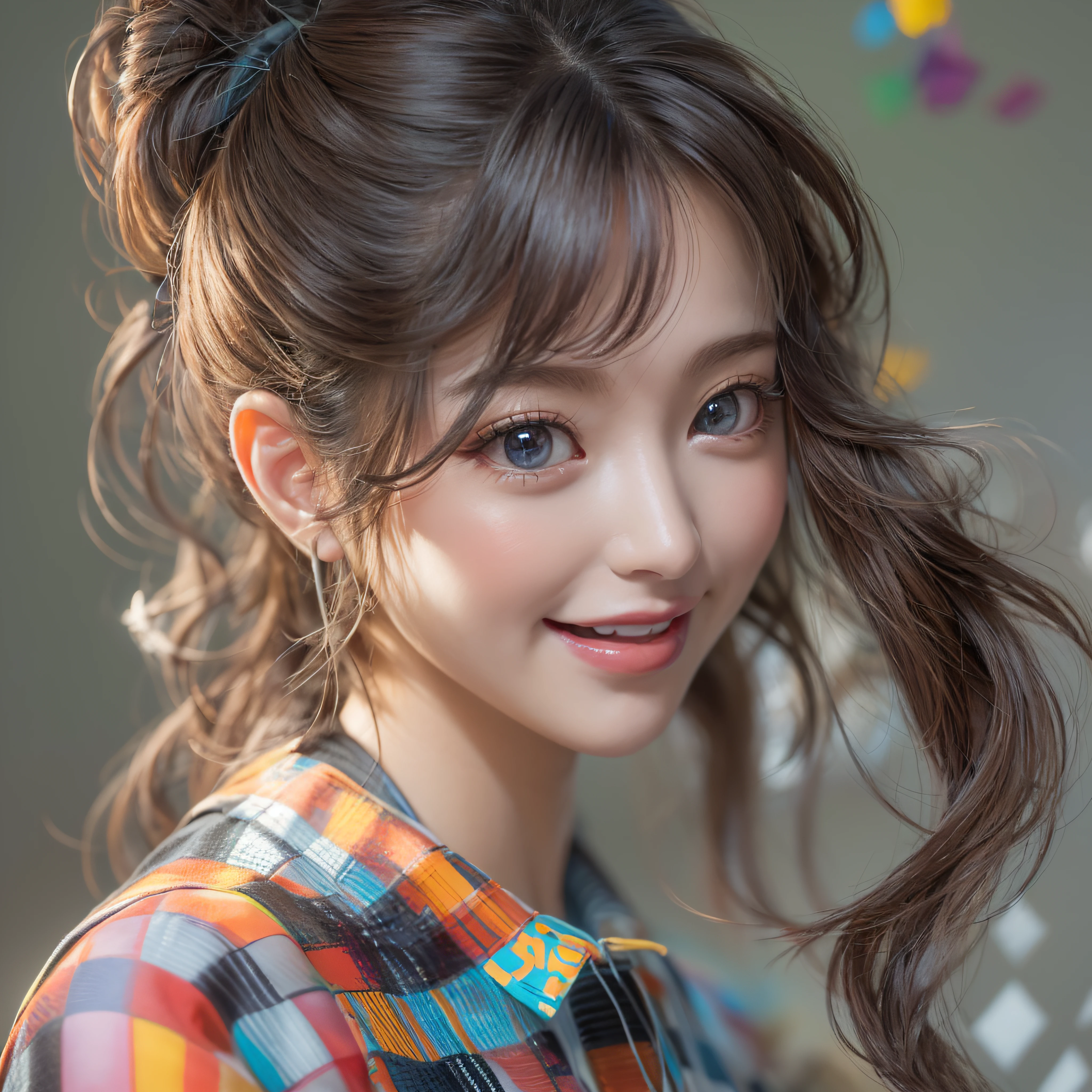 checkered painting on body、Close-up of laughing face、poneyTail、makeup、Glossy lips、Shining eyes、(realisitic、hight resolution)、(1 girl in)、Do-Up Eye、Korean Girl、(Best Quality), (masutepiece), (1girl in), Solo, a beauty girl, Perfect face, Highly detailed airbrush art((Surreal))、Volumetric lighting、(top-quality)、The ultra-detailliert、Highly detailed colorful details、(Bright lighting)、Her eyes are shining、Her face is full of anticipation and courage for adventure、A smile comes to her lips、An air full of smiles and adventurous spirit、checkered painting on body、