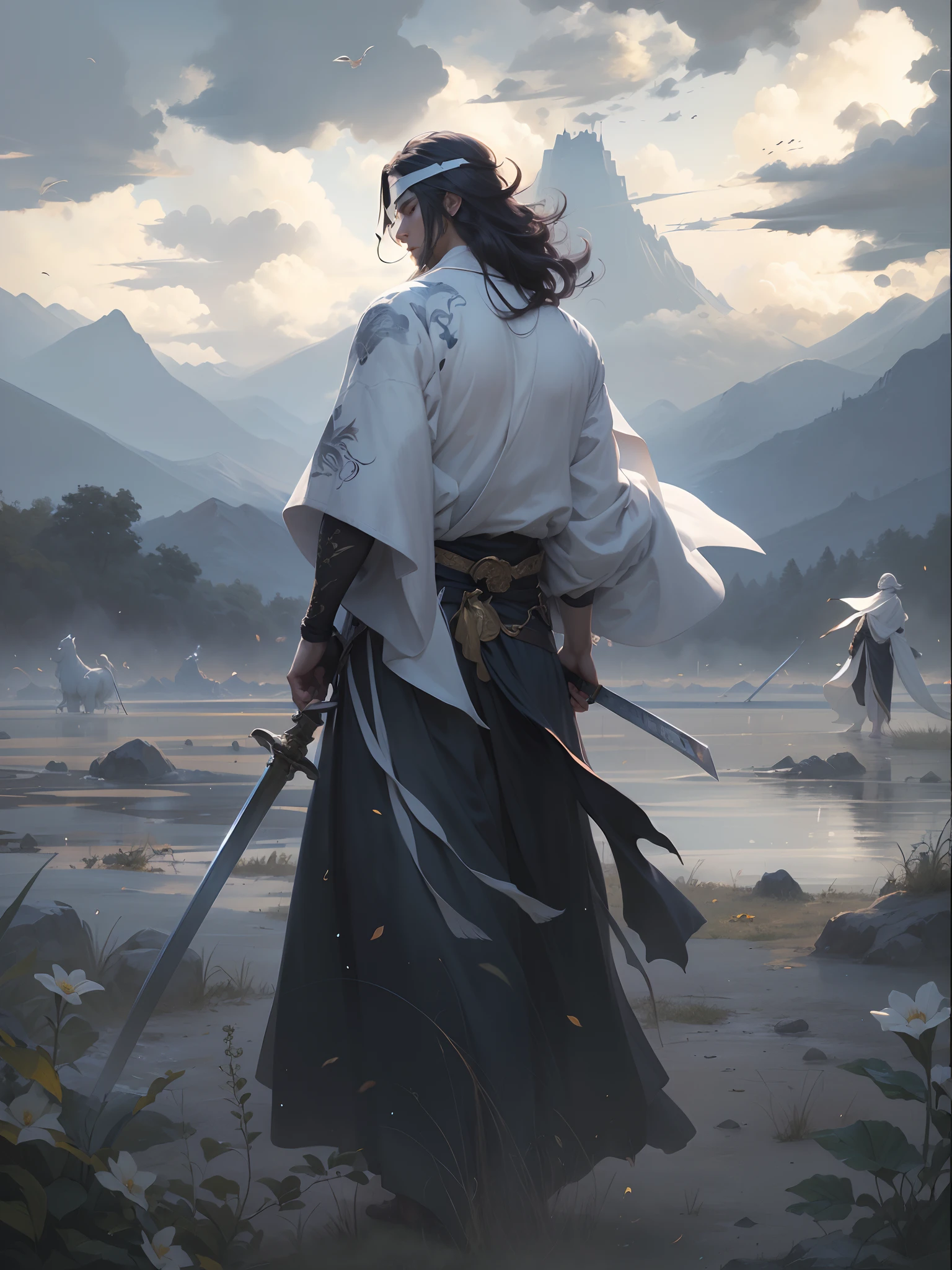 (Anime style, Guvez style, long hair white robe, holding a sword, flowing white robe, blindfolded, Yang J, Zhiding, handsome art painting, beautiful character painting, Shi Tao)
