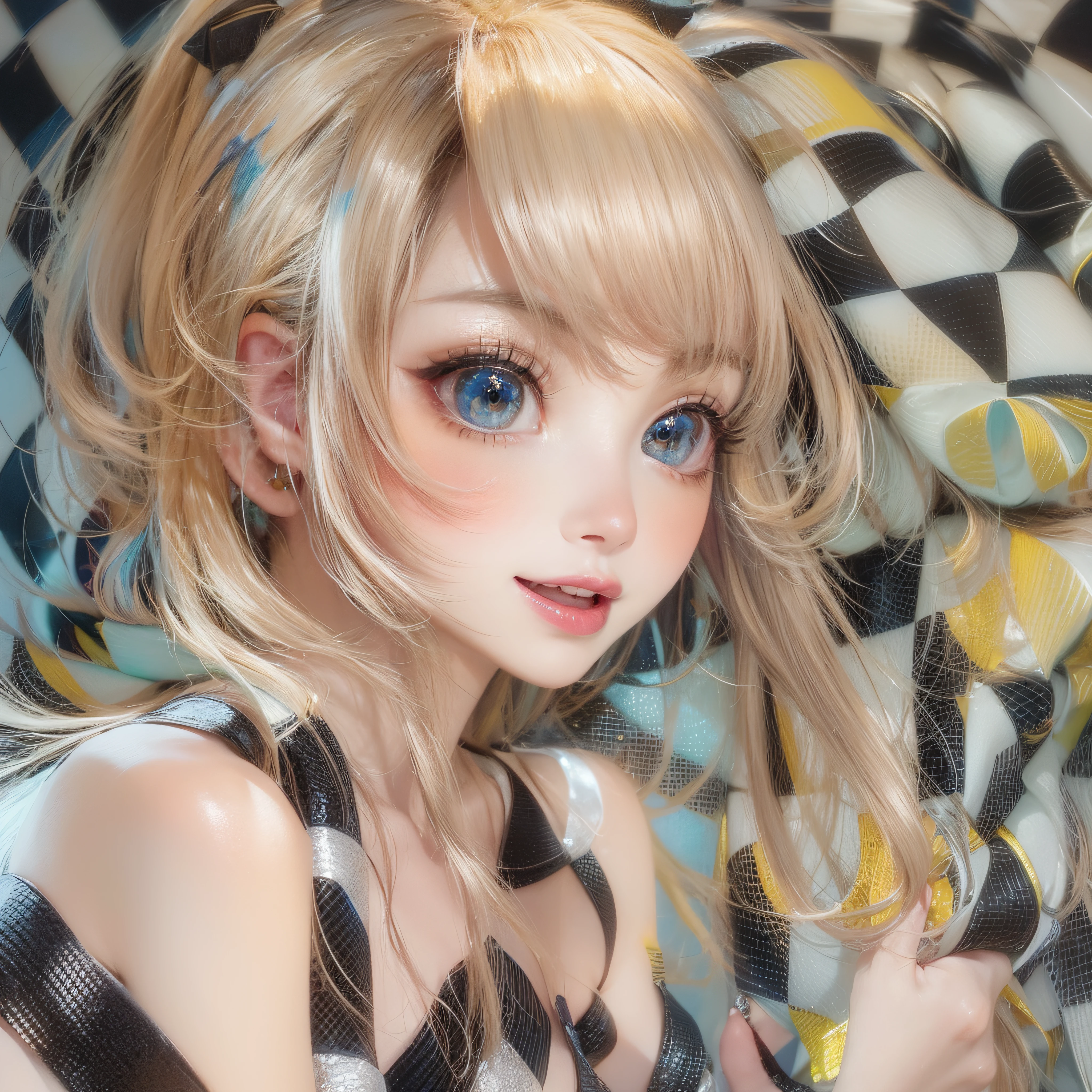 checkered painting on body、Close-up of laughing face、poneyTail、makeup、Glossy lips、Shining eyes、(realisitic、hight resolution)、(1 girl in)、Do-Up Eye、Korean Girl、(Best Quality), (masutepiece), (1girl in), Solo, a beauty girl, Perfect face, Highly detailed airbrush art((Surreal))、Volumetric lighting、(top-quality)、The ultra-detailliert、Highly detailed colorful details、(Bright lighting)、Her eyes are shining、Her face is full of anticipation and courage for adventure、A smile comes to her lips、An air full of smiles and adventurous spirit、checkered painting on body、