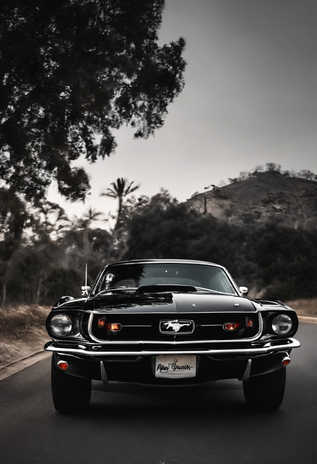 Carro Mustang, estilo vetor, sem fundo, preto e branco, sol se ponto