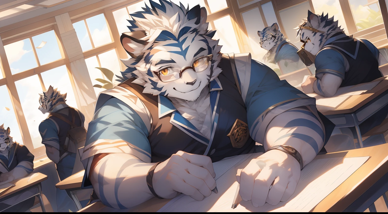 (by null-ghost, by thebigslick, By Darkgem, by Honovy), Kogenta (Onmyoji Oyamaji Temple), high high quality, Anthropomorphic white tiger, male people, 18yr old, Thick eyebrows, White fur, Strong body, large pecs, Red student uniform, wearing black rimmed glasses, sitting in classroom，Sunlight shines through the windows，white curtain，smiling expression，Be red in the face，Golden pupils，Clear facial features，looking toward the viewer, Strong，Solo，Bottom-up perspective，Full body photo，Exam papers，papelaria，Green potted plants，High-tech classrooms