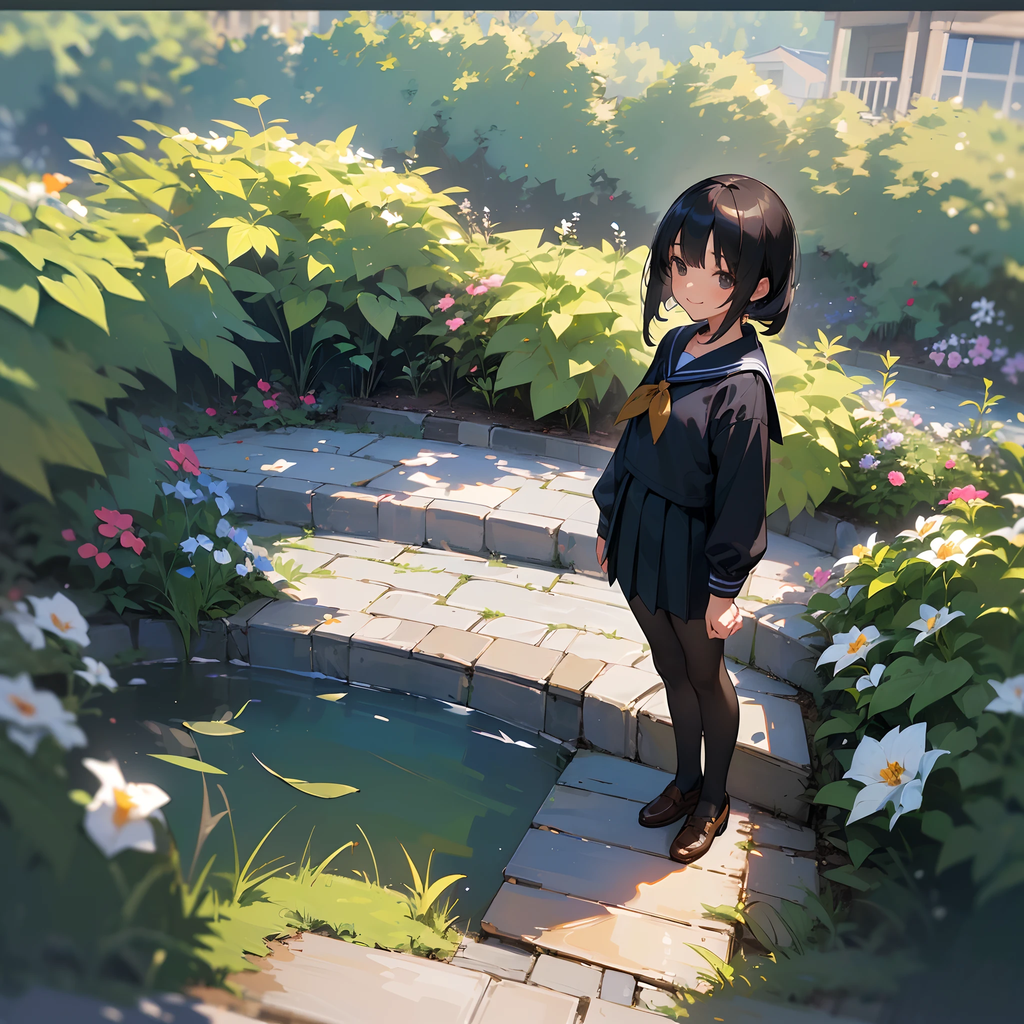 (Best Quality, hight resolution, Ultra-detailed, Realistic:1.37), peaceful ambiance, (plein air, garden), Teenage girl standing alone, Beautiful detailed features, Cute smile, ((Black bob hair)),Navy blue sailor suit, Pleated skirt,Black pantyhose,Brown leather shoes.