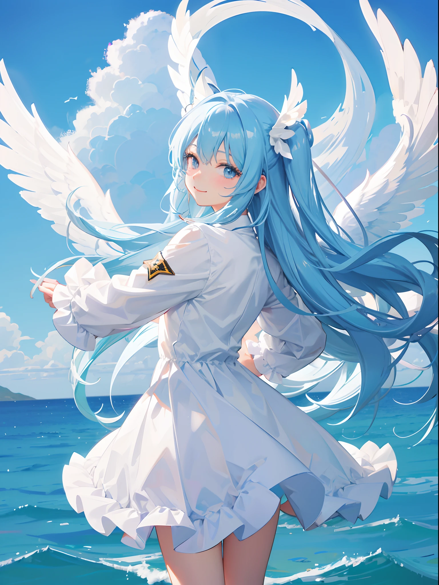 Light blue long hair Twin-tailed Cute Chibi Chara Angel Cute white and blue costume White wings of a large angel on the back With an adorable smile、Looking here