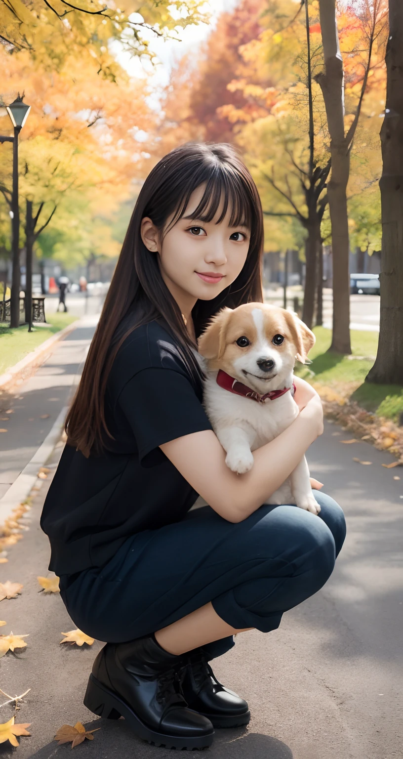 (top-quality、masterpiece:1.2)、Best Quality、realisitic、photoshot、hight resolution、1080p、8K、Textured skin、Physical Rendering、1 Japan Girls、High school students、kawaii、Young Face、Rolled hair、(Autumn outfit:1.5)、a park、Holding a small dog、crouching down、full of shyness、smil、Big