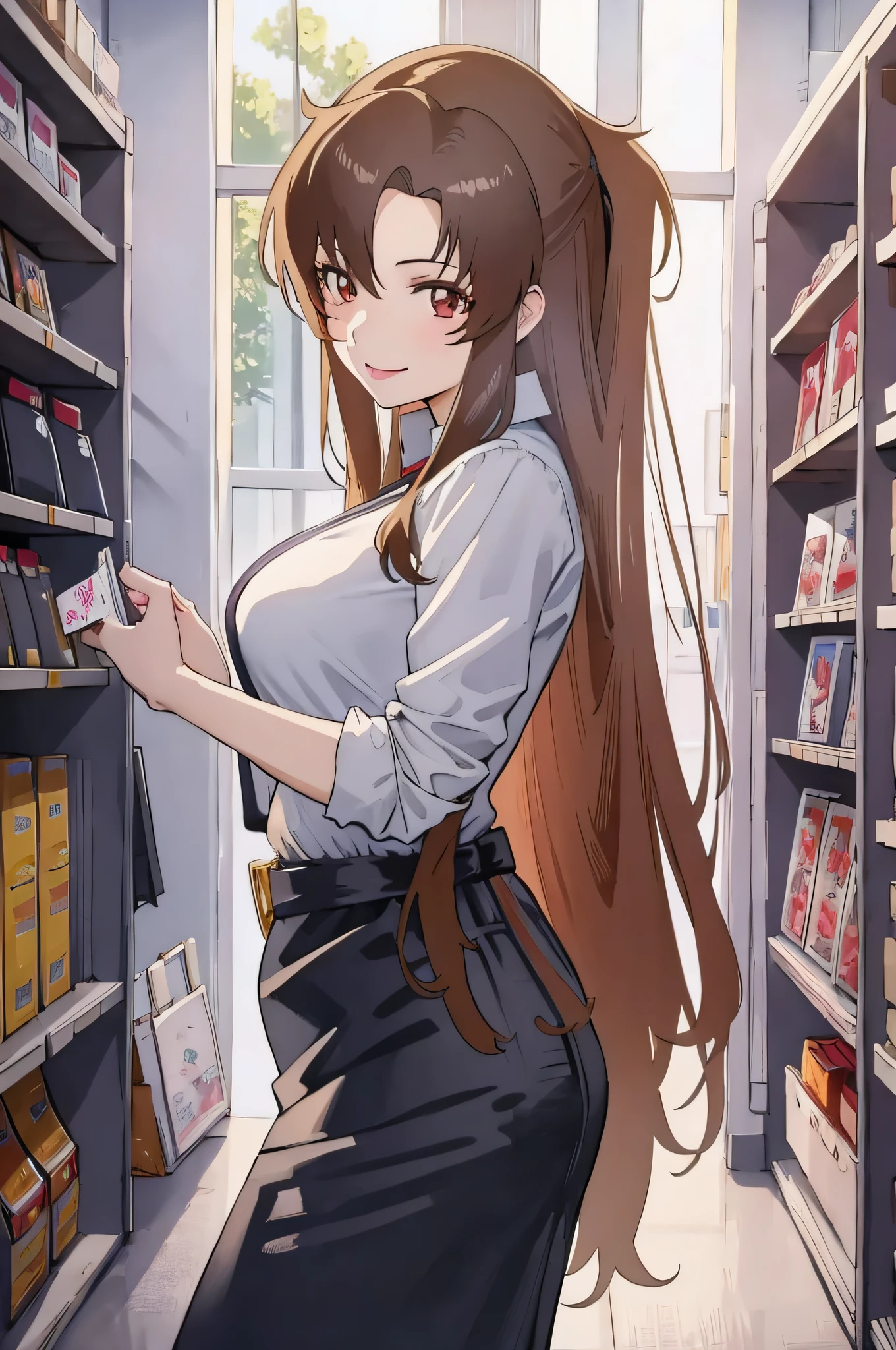 (masterpiece, best quality, detailed) ,1girl,ramius1 ,in a dress posing in a store, anime moe artstyle, ecchi anime style, seductive anime girl.teasing smile, clean detailed anime art,high resolution, (perfect hands, perfect anatomy),