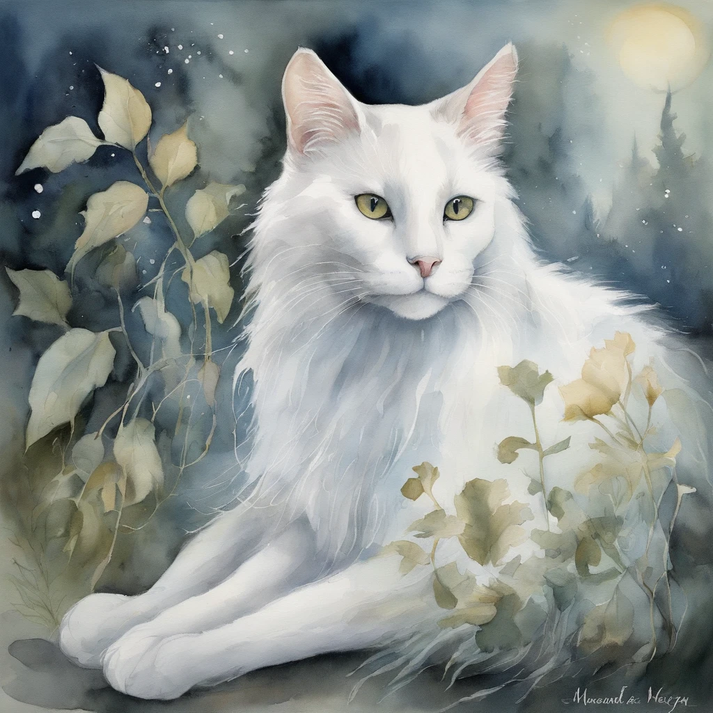 a ghost cat,transparent,pale,ethereal,floating,serene,glowing eyes,soft fur,whiskers,playful,graceful movements,moonlit garden,shadows,dreamlike,haunting,subtle colors,misty atmosphere,vibrant moonlight,quiet,otherworldly energy