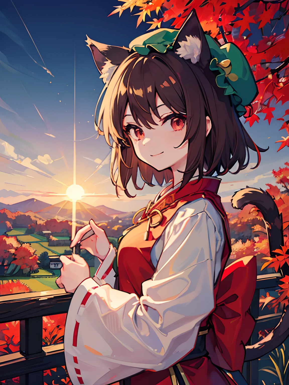 Masterpiece, fine detail, 4k, 8k, 12k, solo, one person, beautiful girl, white woman, Chen from Touhou Project, brown hair, cat ears, hat, tail, red clothes, long sleeves, smile, detailed background, countryside , autumn, dusk, sunlight, countryside, Japan