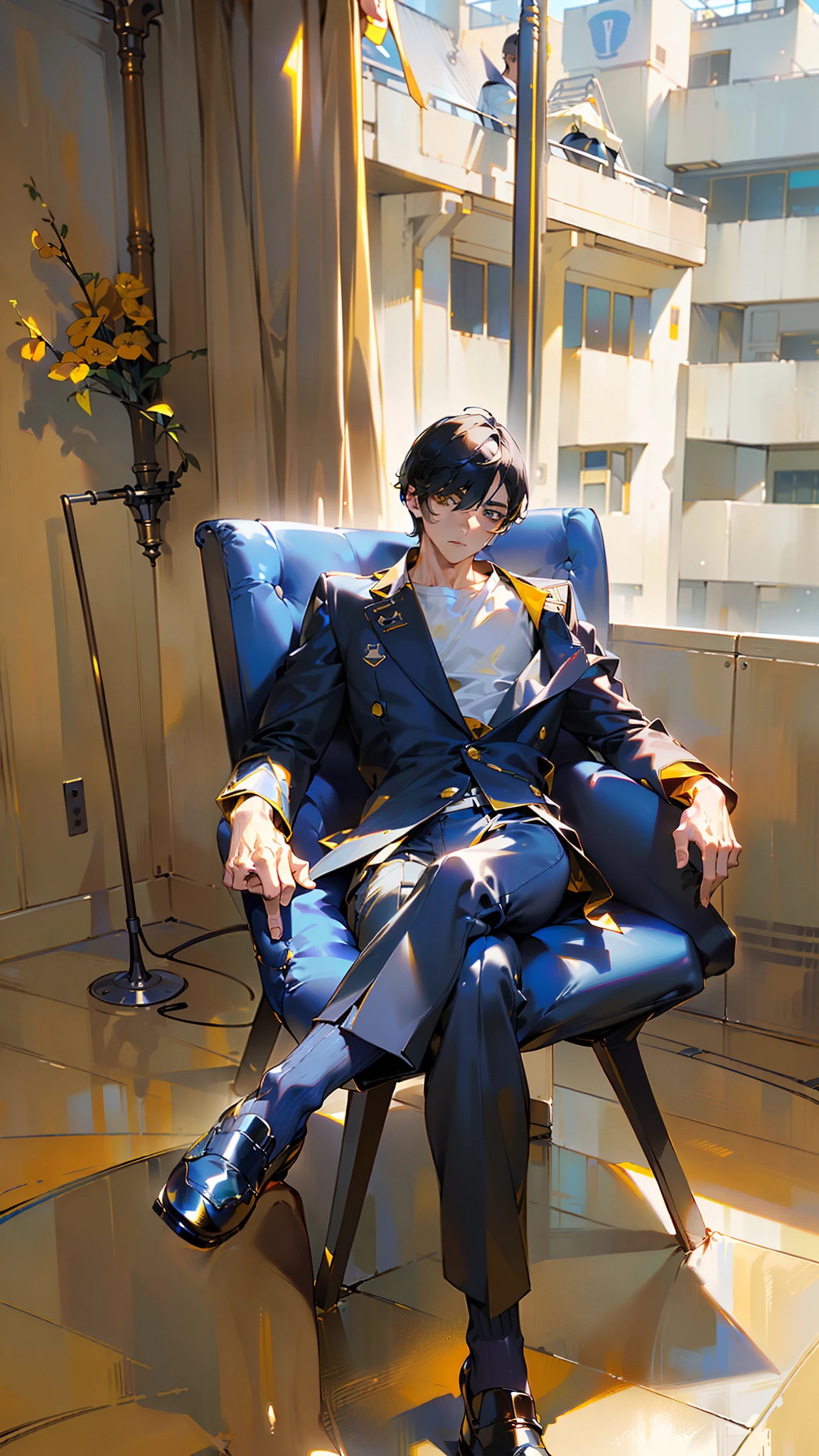 masterpiece, best quality, ultra realistic, photorealistic, high quality, human, handsome male, (((solo))), (male focus), mature, (black short hair), slim, ((yellow pupils)), front view, (clothing, (topwear: (( navy suit), (white t-shirt)), bottomwear:(pants: navy), sitting, detailed clothing, tall, smiling, mafia, (detailed background)