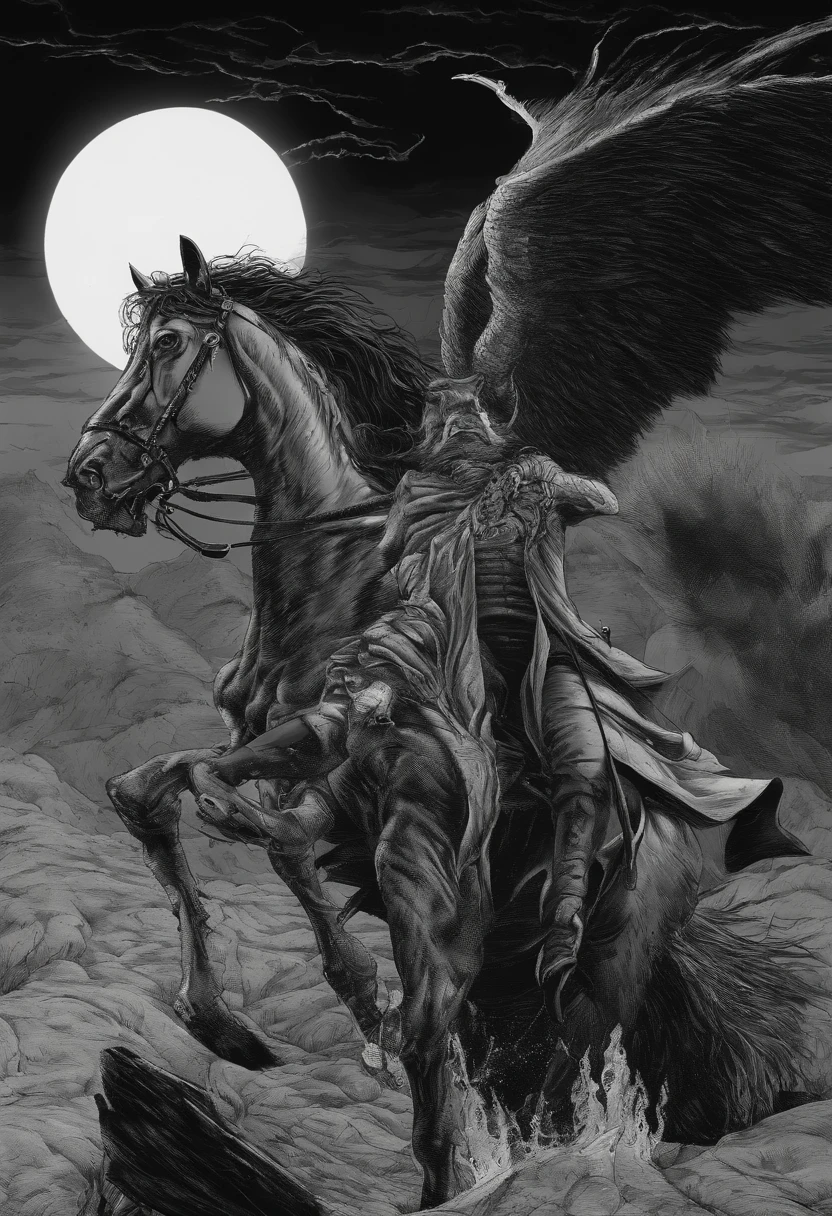 best quality,high-res,masterpiece:1.2,ultra-detailed,realistic:1.37,horse-rider sitting,perspective from above,black and white,shades of gray,monochromatic,John Buscema style,Tex art, fundo brando, no scenario.