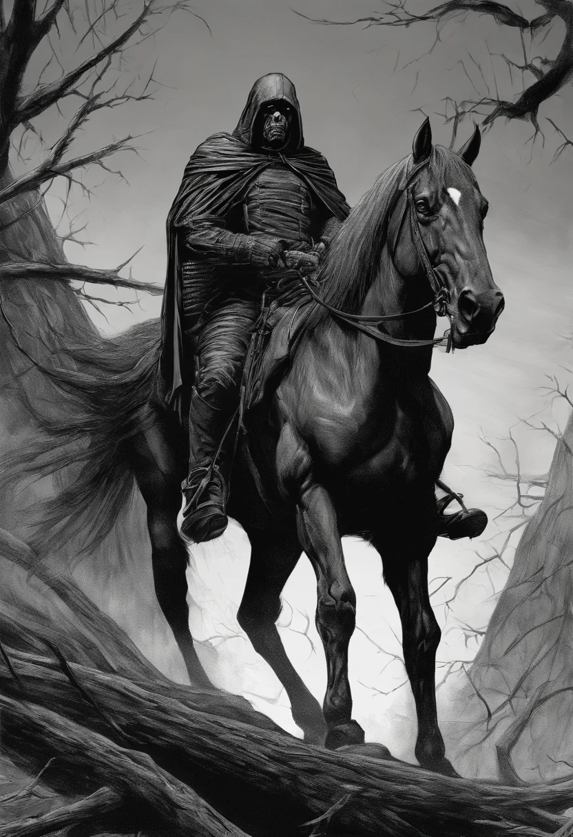 best quality,high-res,masterpiece:1.2,ultra-detailed,realistic:1.37,horse-rider sitting,perspective from above,black and white,shades of gray,monochromatic,John Buscema style,Tex art, fundo brando, no scenario.