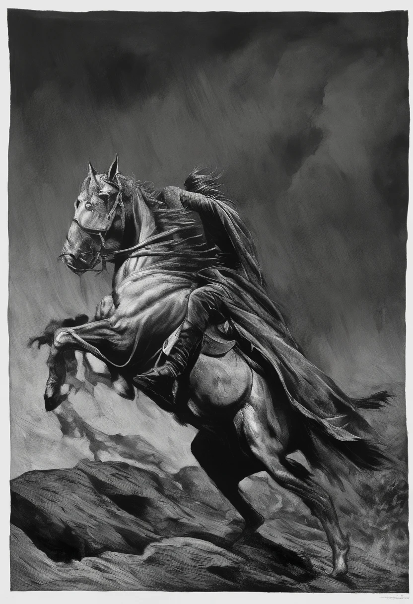 best quality,high-res,masterpiece:1.2,ultra-detailed,realistic:1.37,horse-rider sitting,perspective from above,black and white,shades of gray,monochromatic,John Buscema style,Tex art, fundo brando, no scenario.