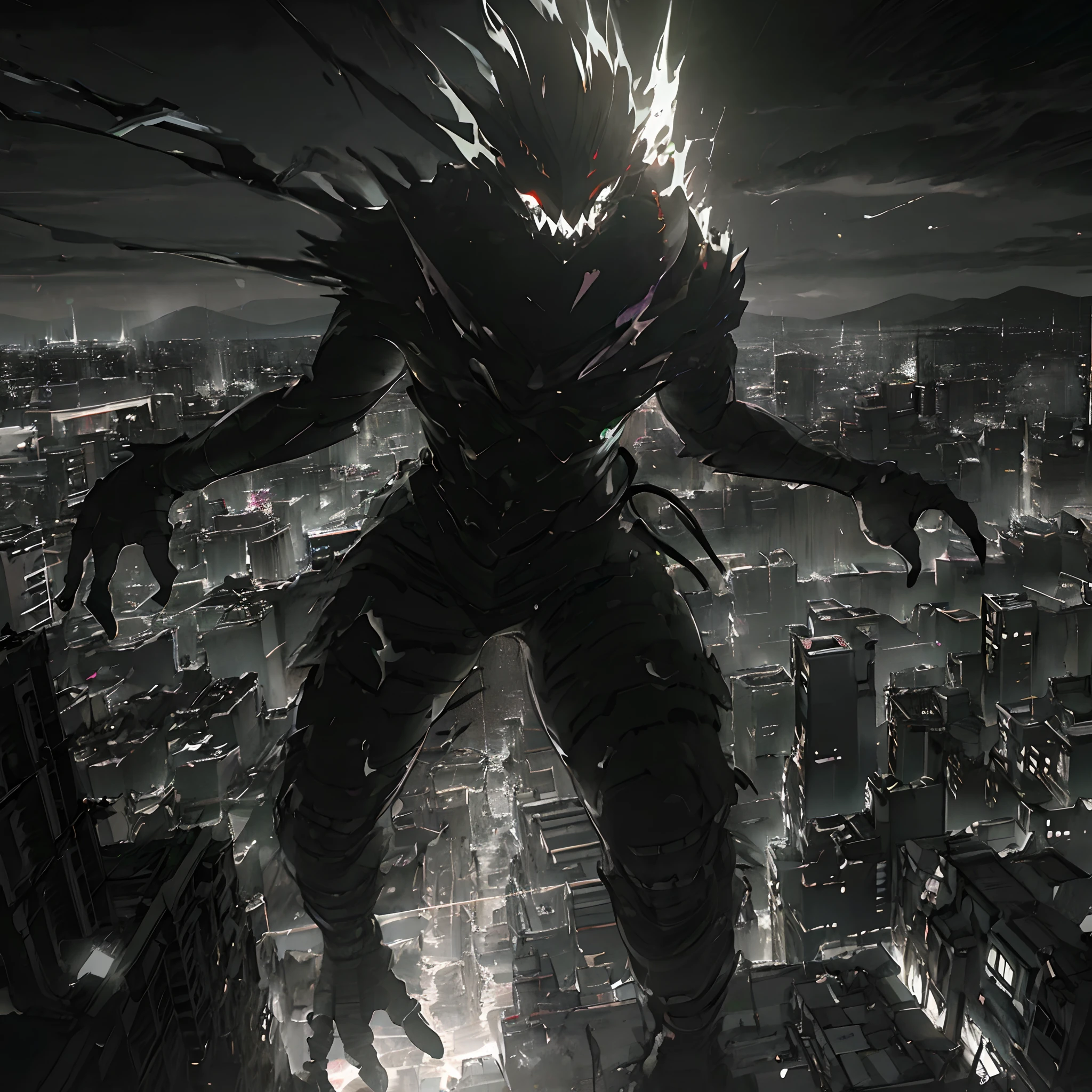 Anime humanoid monster, glowing eyes,eye glare, monochrome, close up shot, creating a crack in reality, powerful aura, destroyed city,dark,night,8k,64k, HD, unparalleled masterpiece, dynamic lighting, cinematic, Ambient lighting, epic