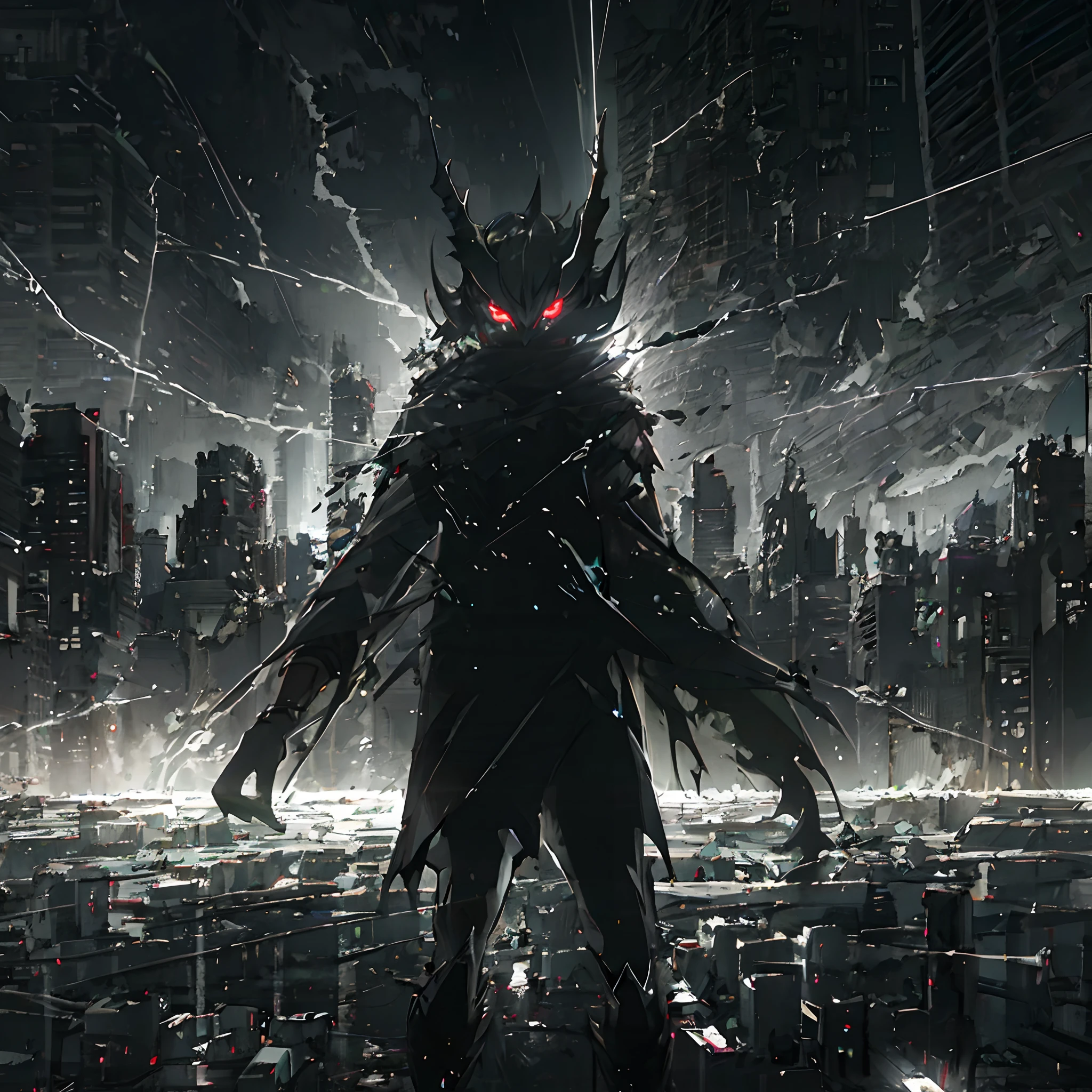 Anime humanoid monster, glowing eyes,eye glare, monochrome, close up shot, creating a crack in reality, powerful aura, destroyed city,dark,night,8k,64k, HD, unparalleled masterpiece, dynamic lighting, cinematic, Ambient lighting, epic